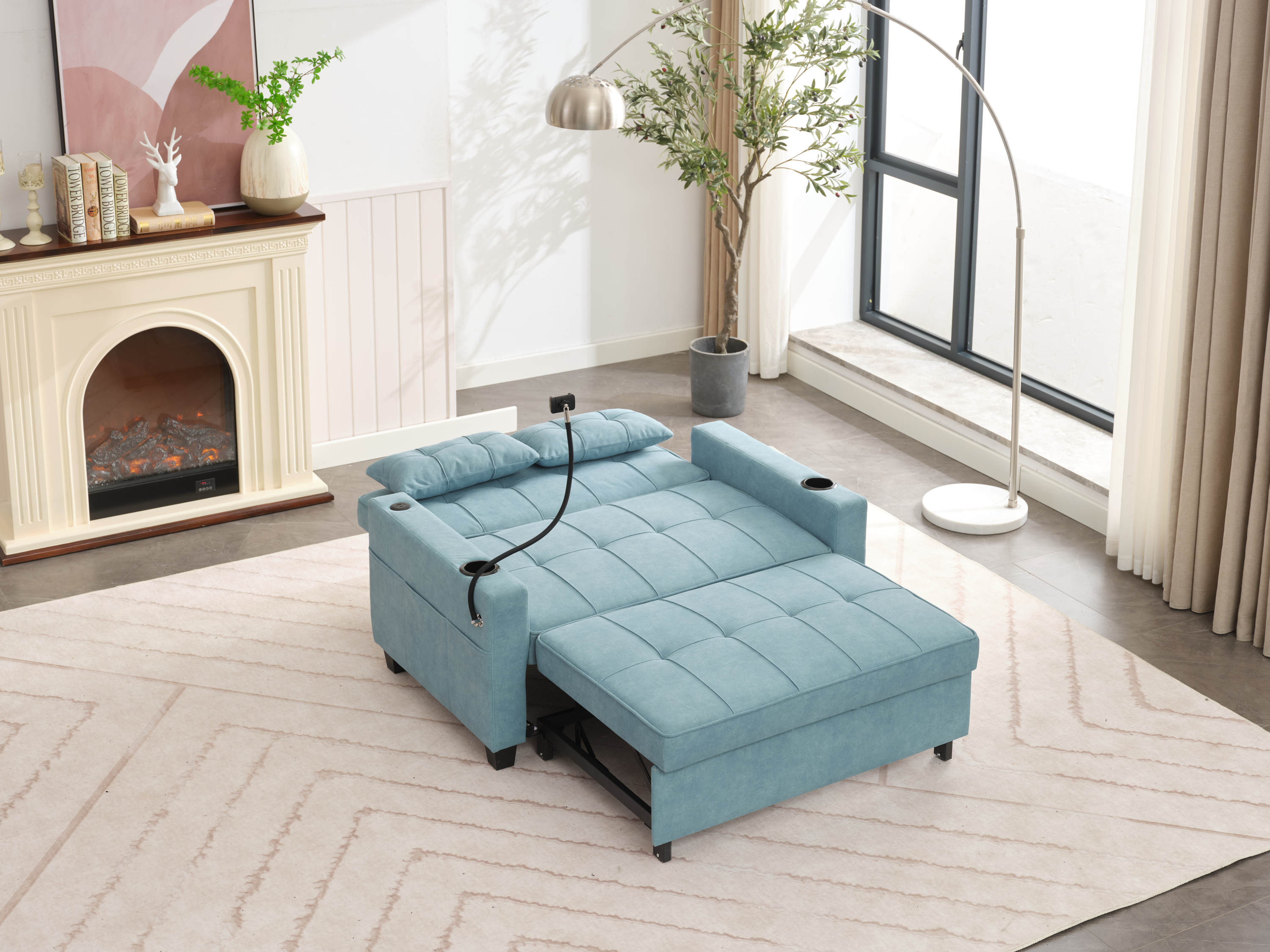 Futon Chair Bed Convertible Chair 3-in-1 Pull Out Sleeper Chair Beds with USB Ports,Wear-resistant and Anti-scratch, Armchair Bed Sleeper for Living Room (Green Tech cloth)