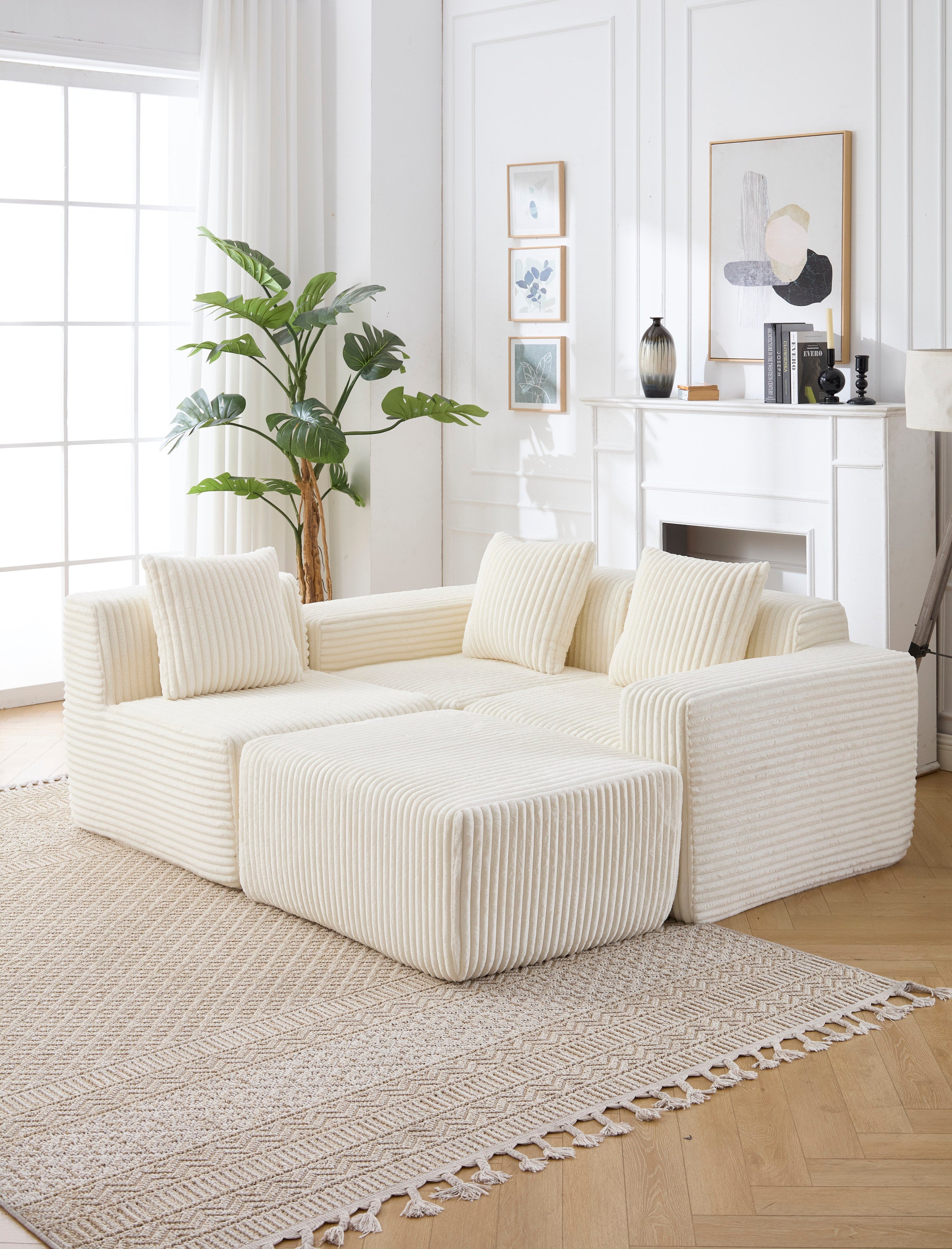 Modern Minimalist Modular Sectional Sofa,  L-Shape Upholstered Cloud Couch with Deep Seats, Right Facing Chaise for Living Room-White