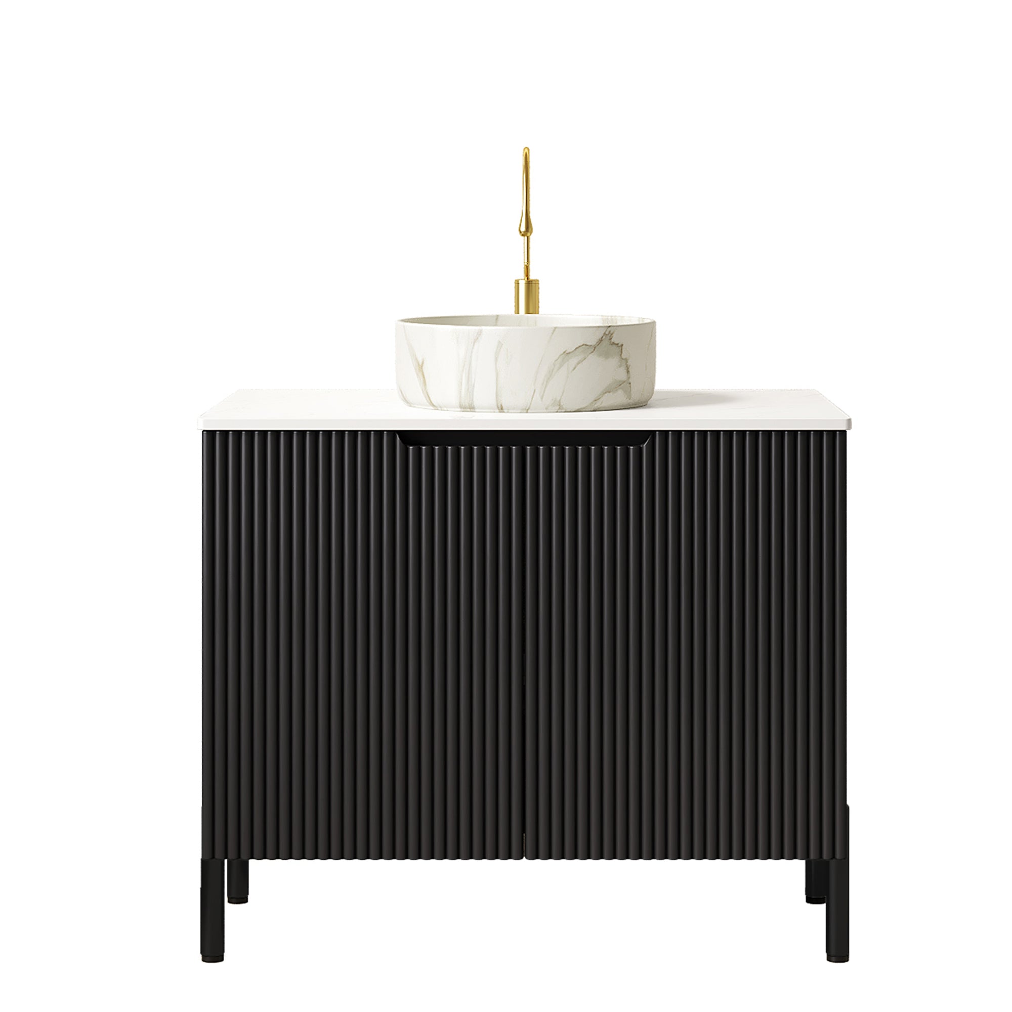 Bathroom vanity black cabinet, two-door storage detail view