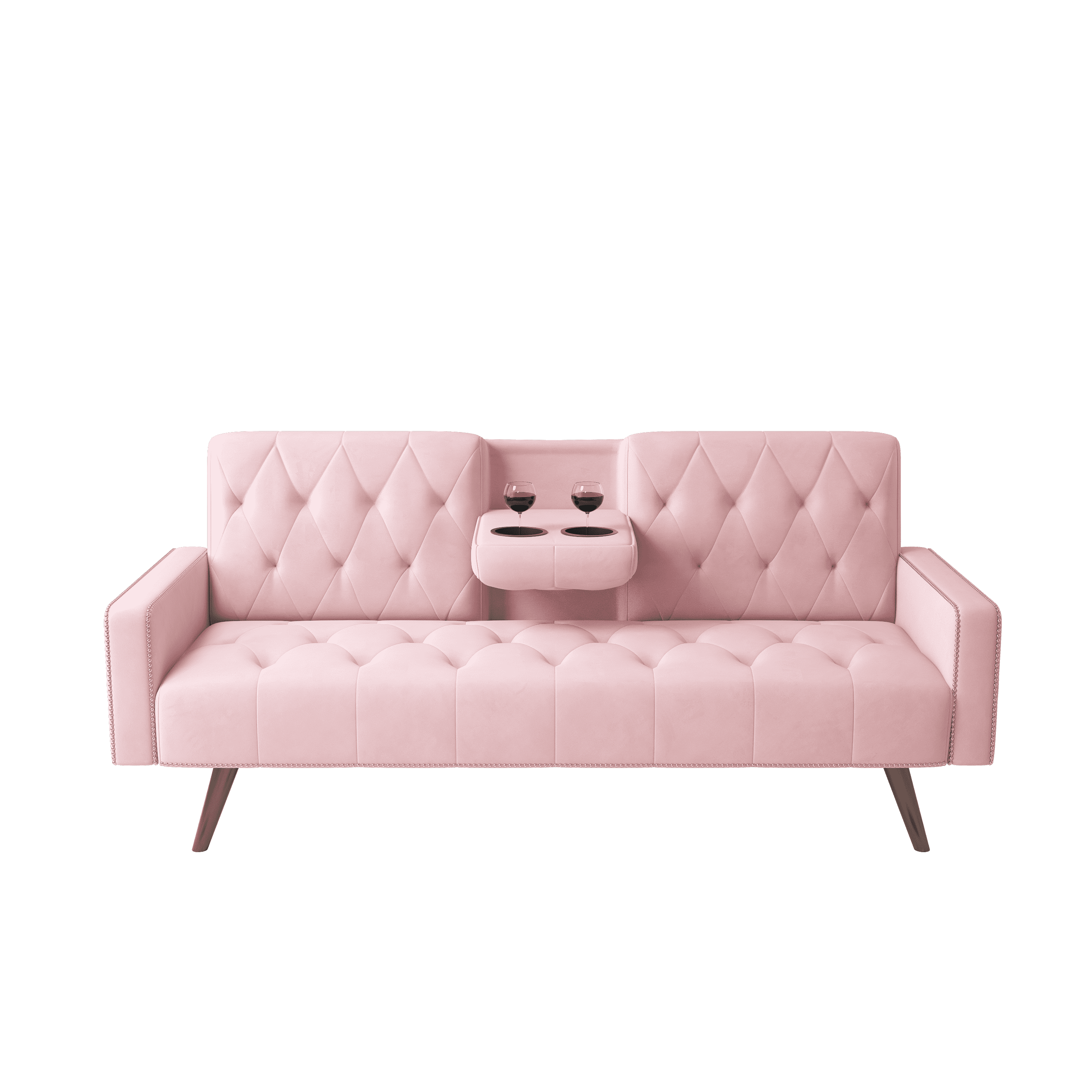 1730 Sofa Bed Armrest with Nail Head Trim with Two Cup Holders 72" Pink Velvet Sofa for Small Spaces
