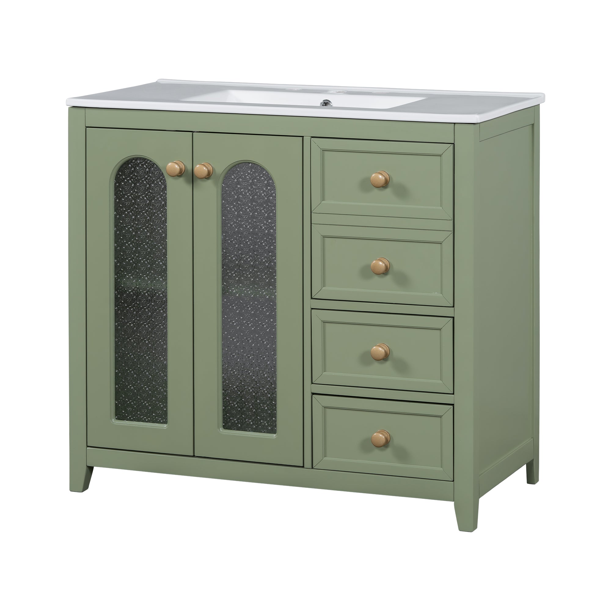 36-inch bathroom vanity with two soft close doors, adjustable shelves and three drawers