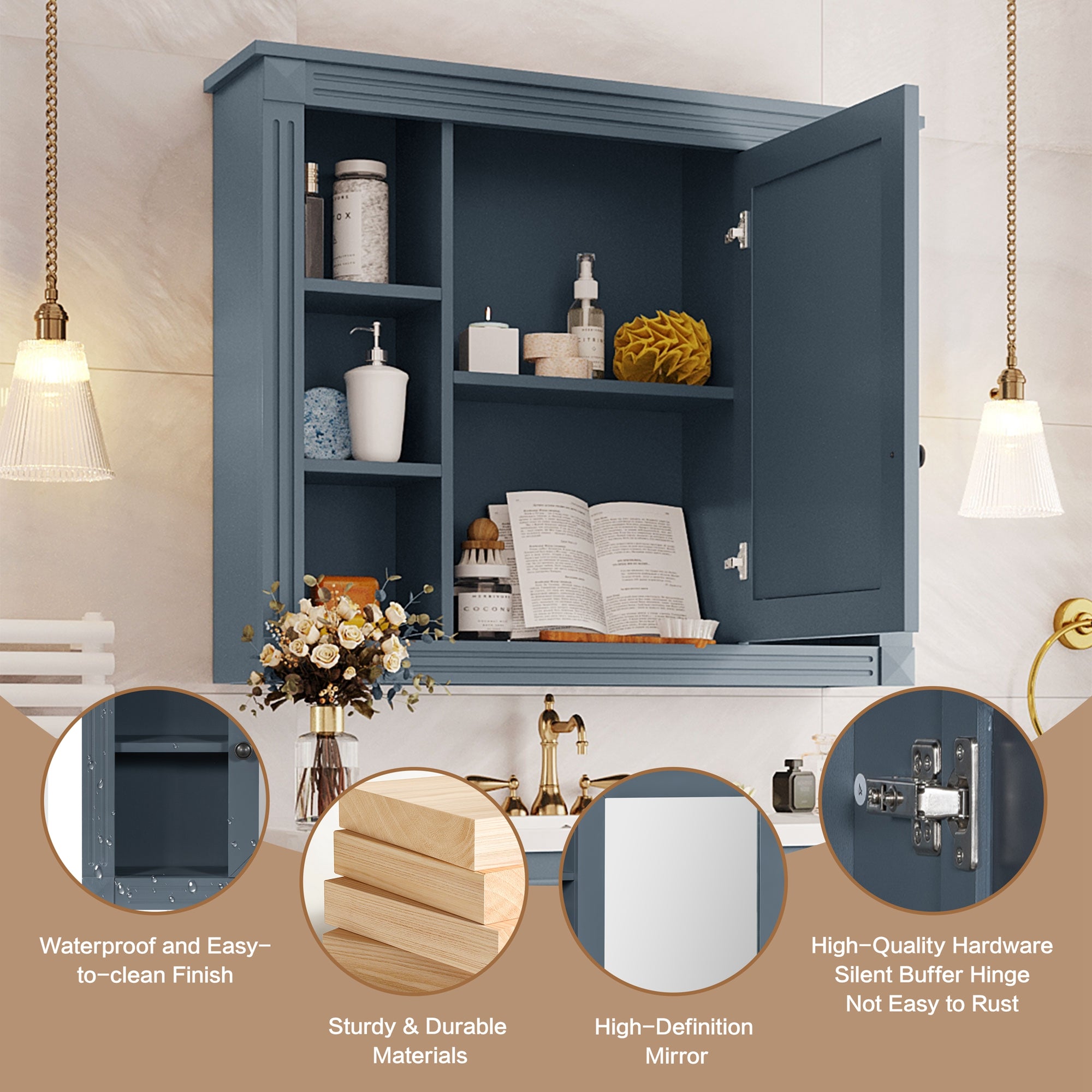 Mirror medicine cabinet with 6 shelves, installed above vanity