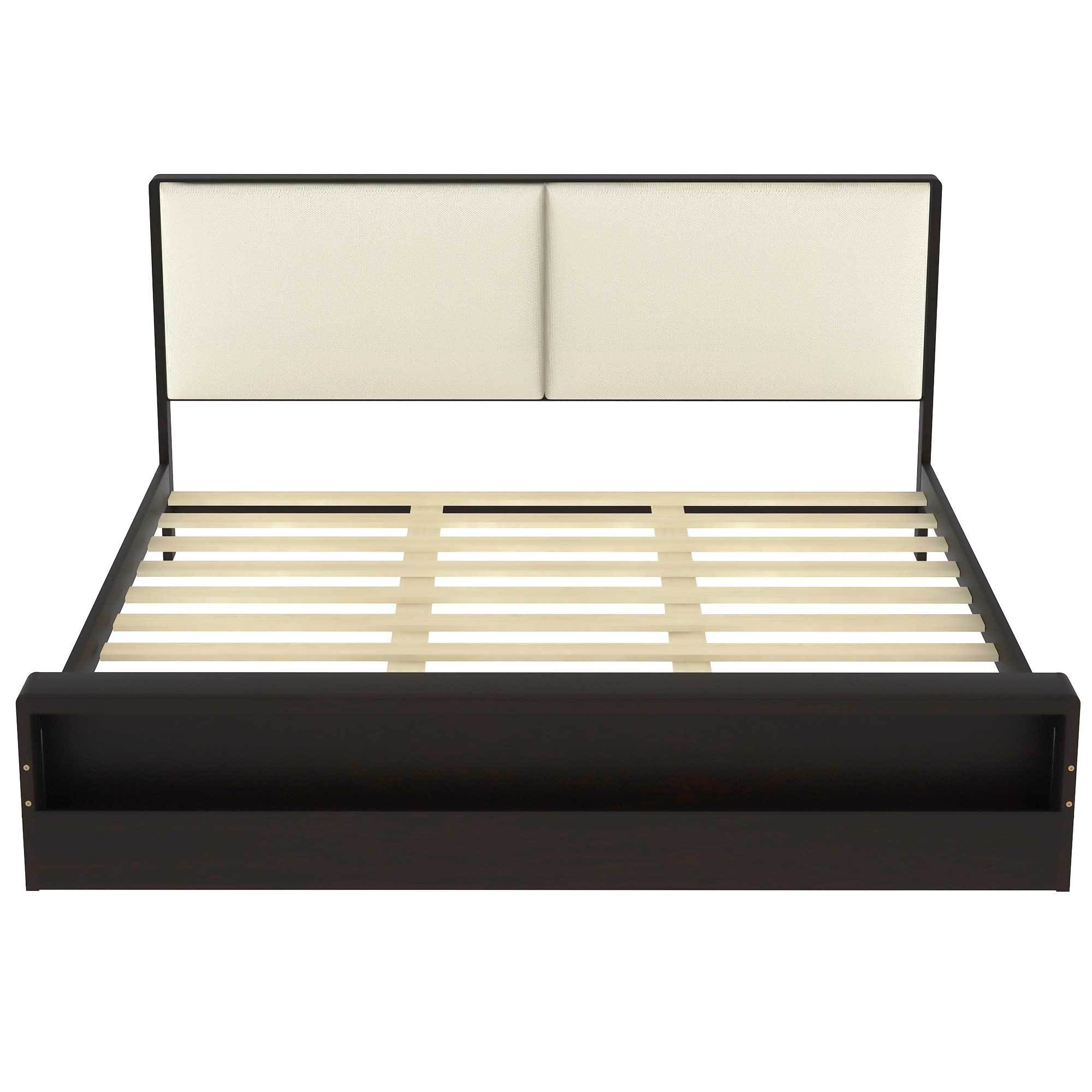 King Size Platform Bed Frame with Upholstery Headboard and Bookshelf in Footboard and LED Light Strips, Espresso