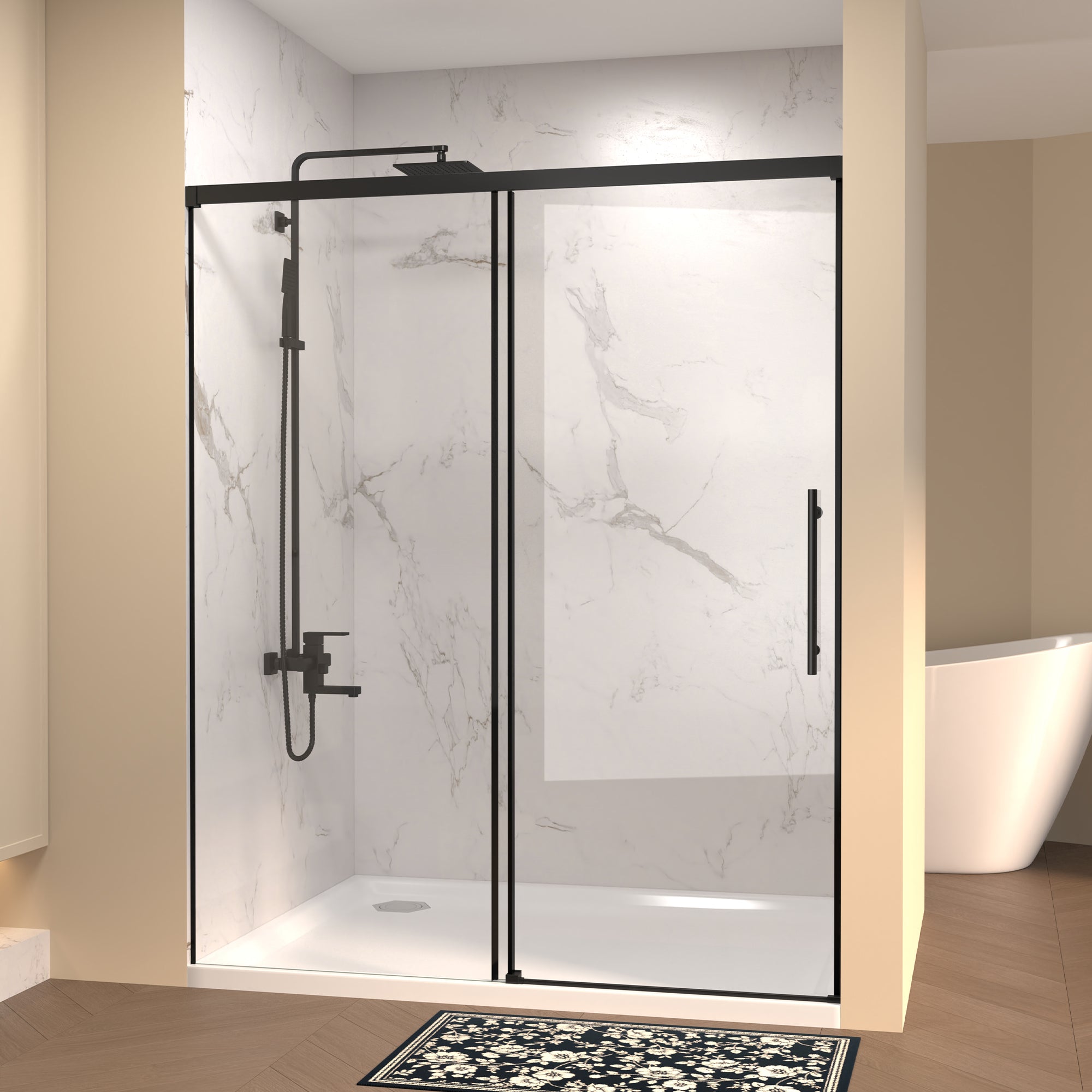 Frameless sliding shower door 60" W x 72" H matte black stainless steel handle detail