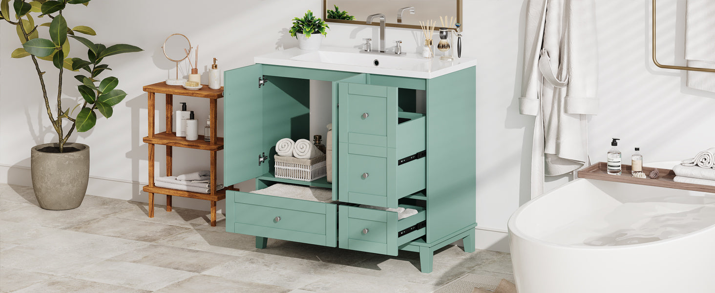 36 Inch Modern Bathroom Vanity with USB Charging, Two Doors and Three Drawers Bathroom Storage Vanity Cabinet, Small Bathroom Vanity cabinet with single sink , Green - Faucets Not Included