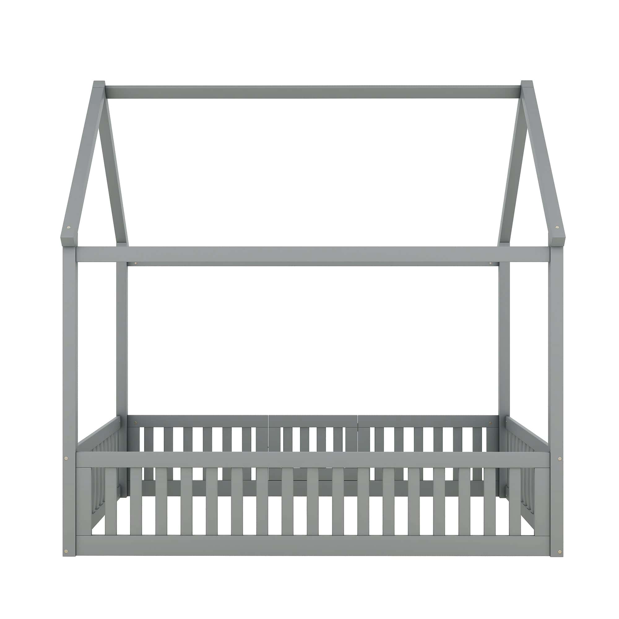Full Size Wood House Bed with Fence and Door, Gray