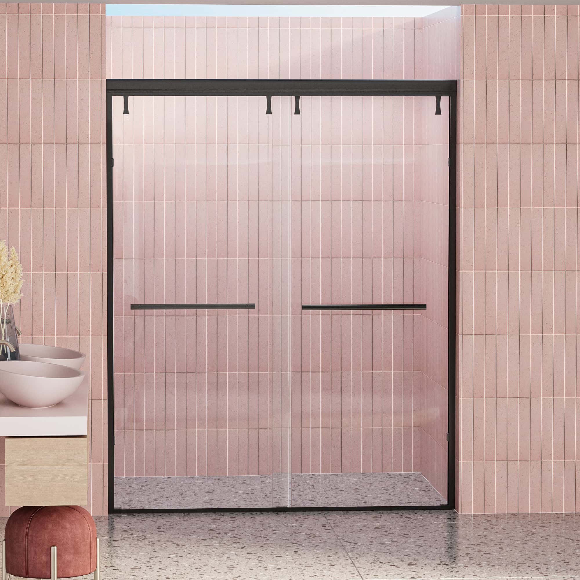 56-60"W x 76"H Semi-Frameless Shower Door, Double Sliding Shower Door, 5/16" (8mm) Clear Tempered Glass Shower Door with Explosion-Proof Film, Matte Black 24D212-60MB-COMBO-1