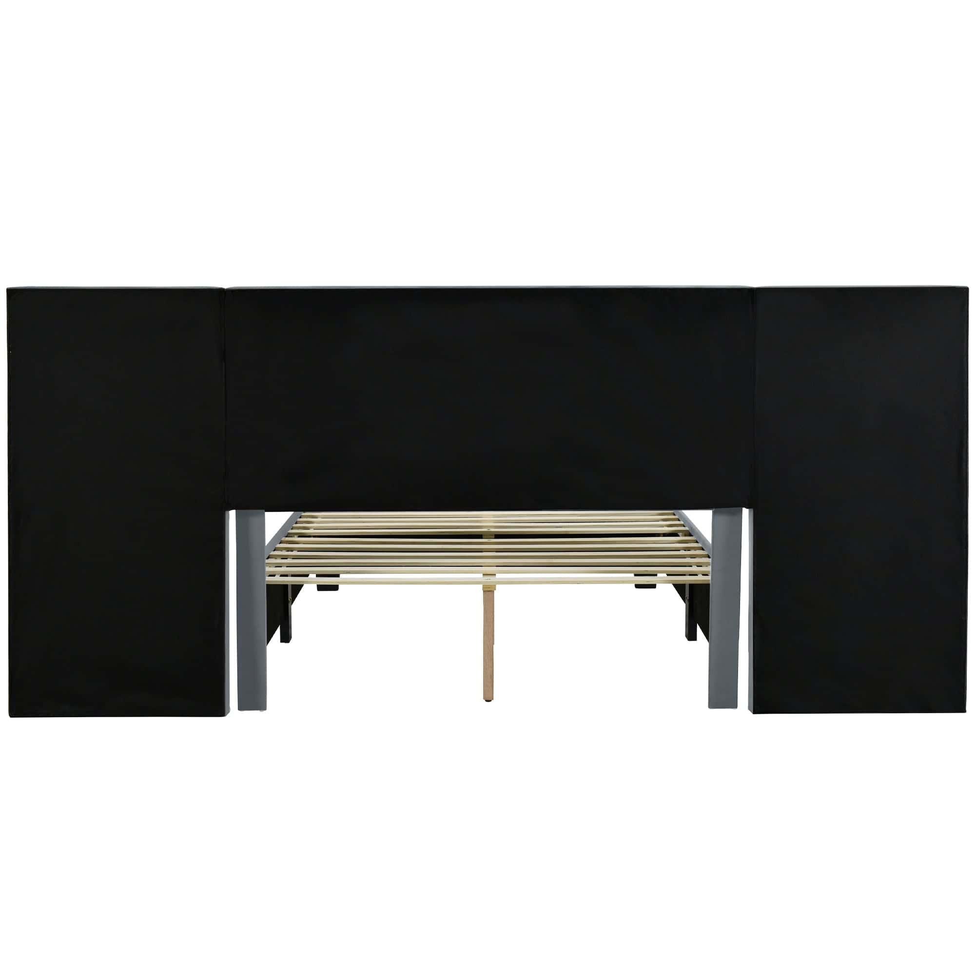 Full Size Upholstered Platform Bed with Big Headboard, Bedroom Furniture, Velvet, Gray