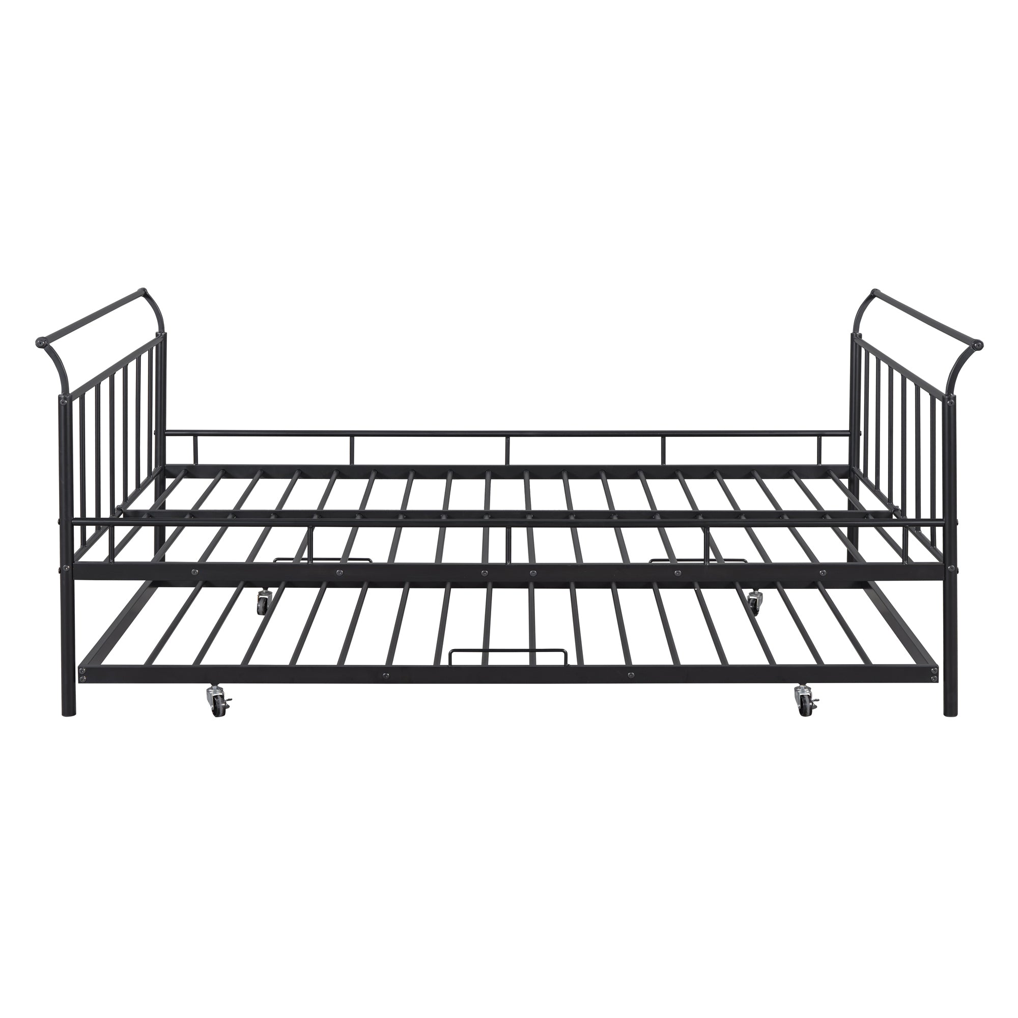 Full Size Metal Daybed with Curved Handle Design and Twin Size Trundle, Black