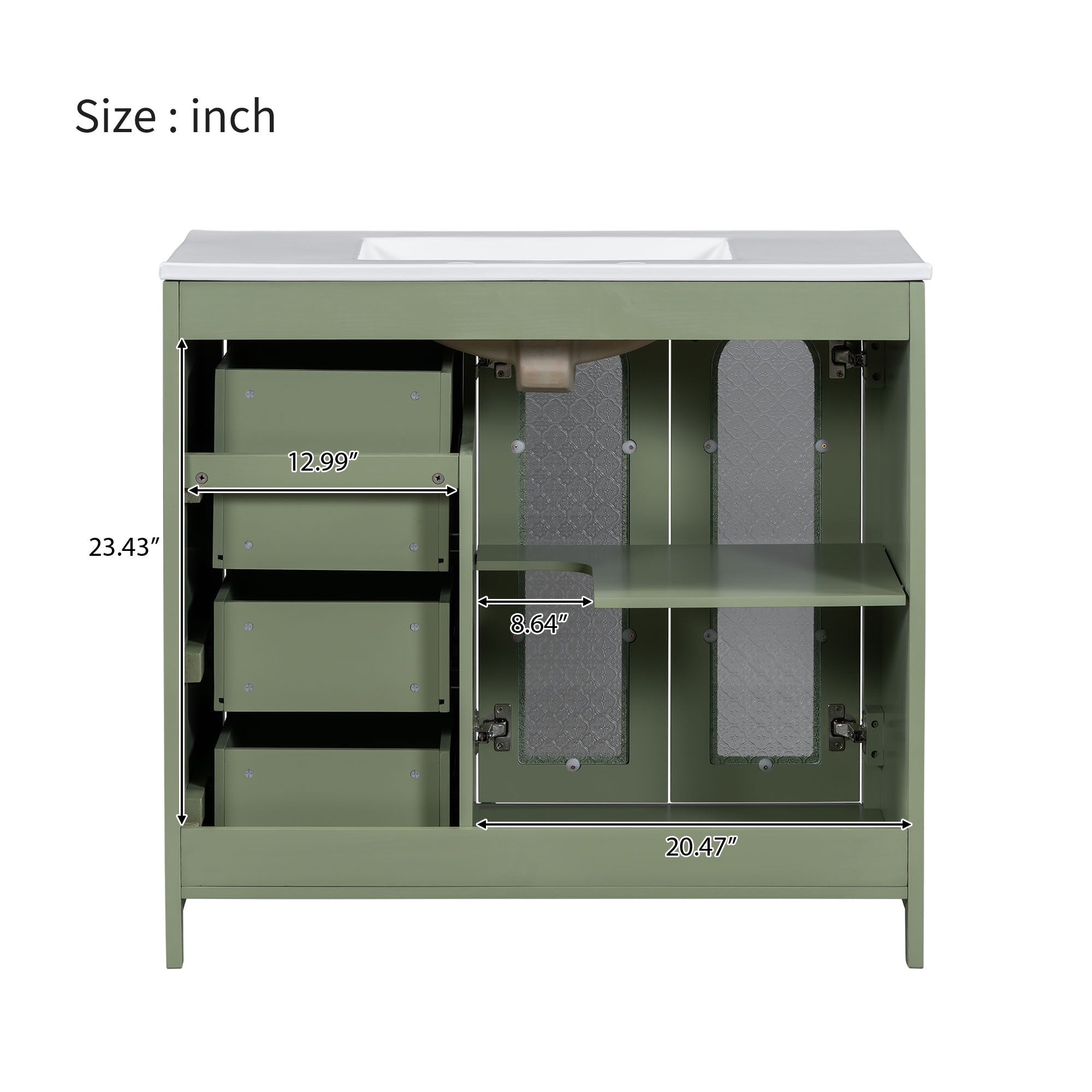 36-inch bathroom vanity with two soft close doors, adjustable shelves and three drawers