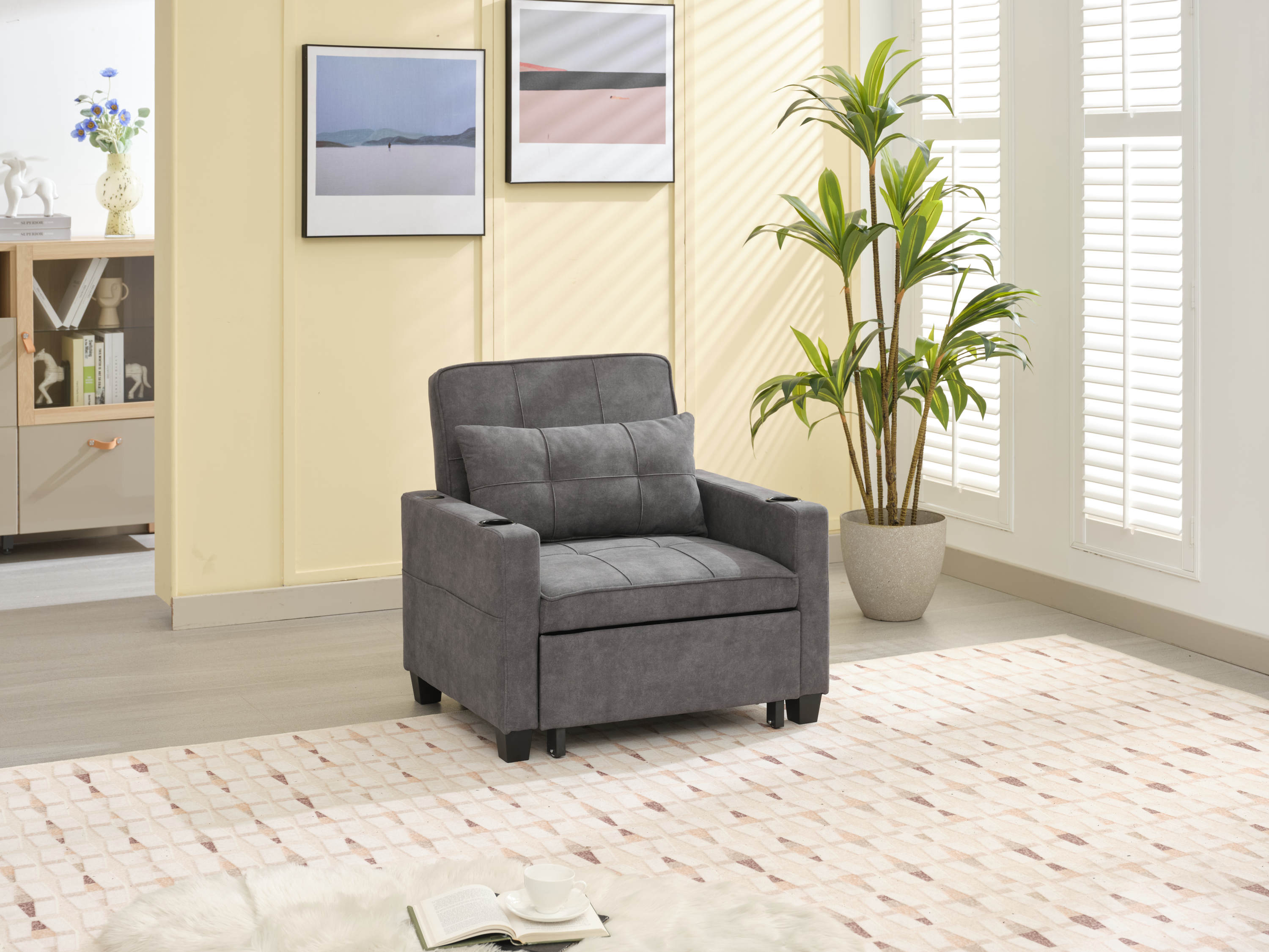 Futon Chair Bed Convertible Chair 3-in-1 Pull Out Sleeper Chair Beds with USB Ports,Wear-resistant and Anti-scratch, Armchair Bed Sleeper for Living Room (Dark Grey Scratch Cloth)