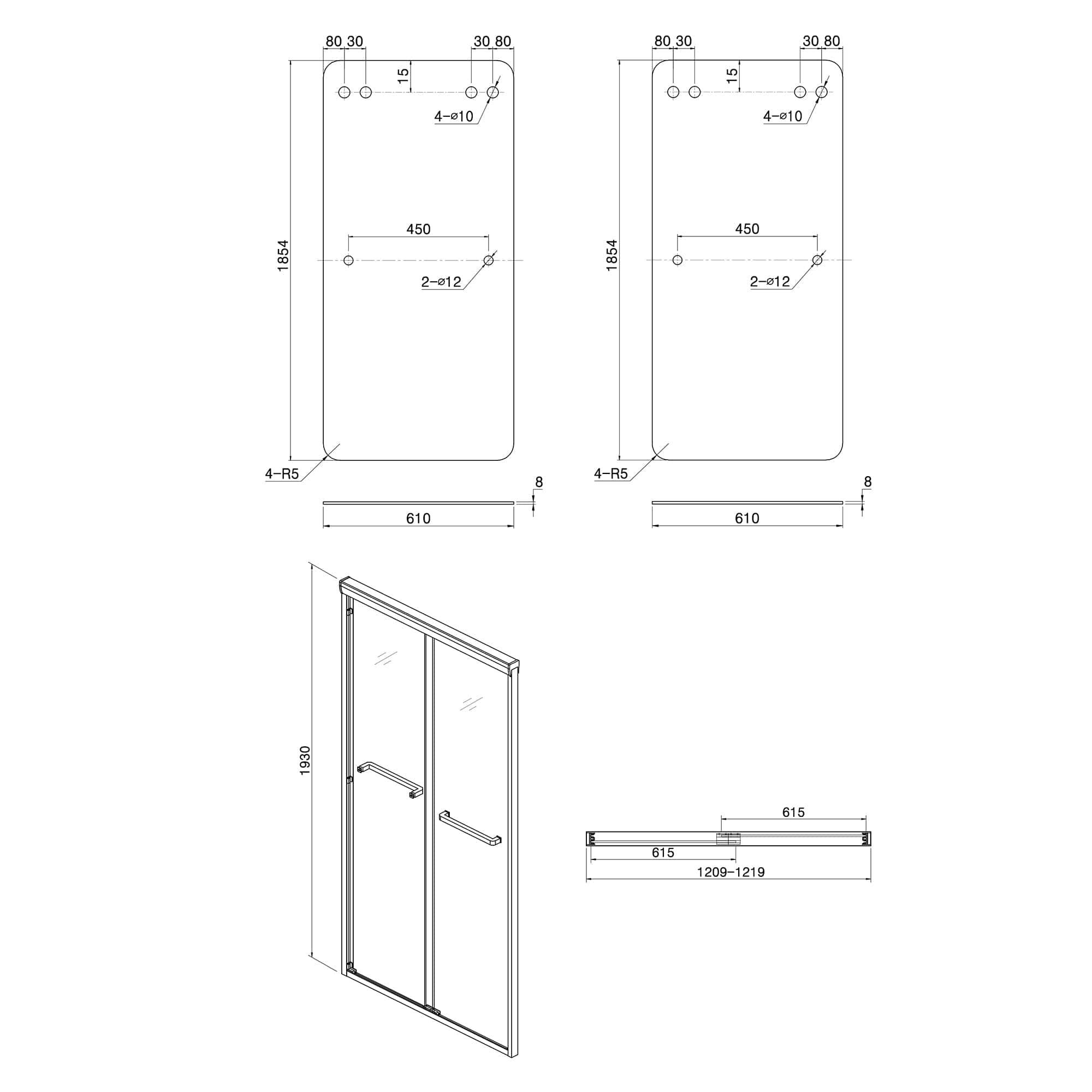 Shower Door 48" W x 76"H Semi-Frameless Bypass Sliding Shower Enclosure, Chrome