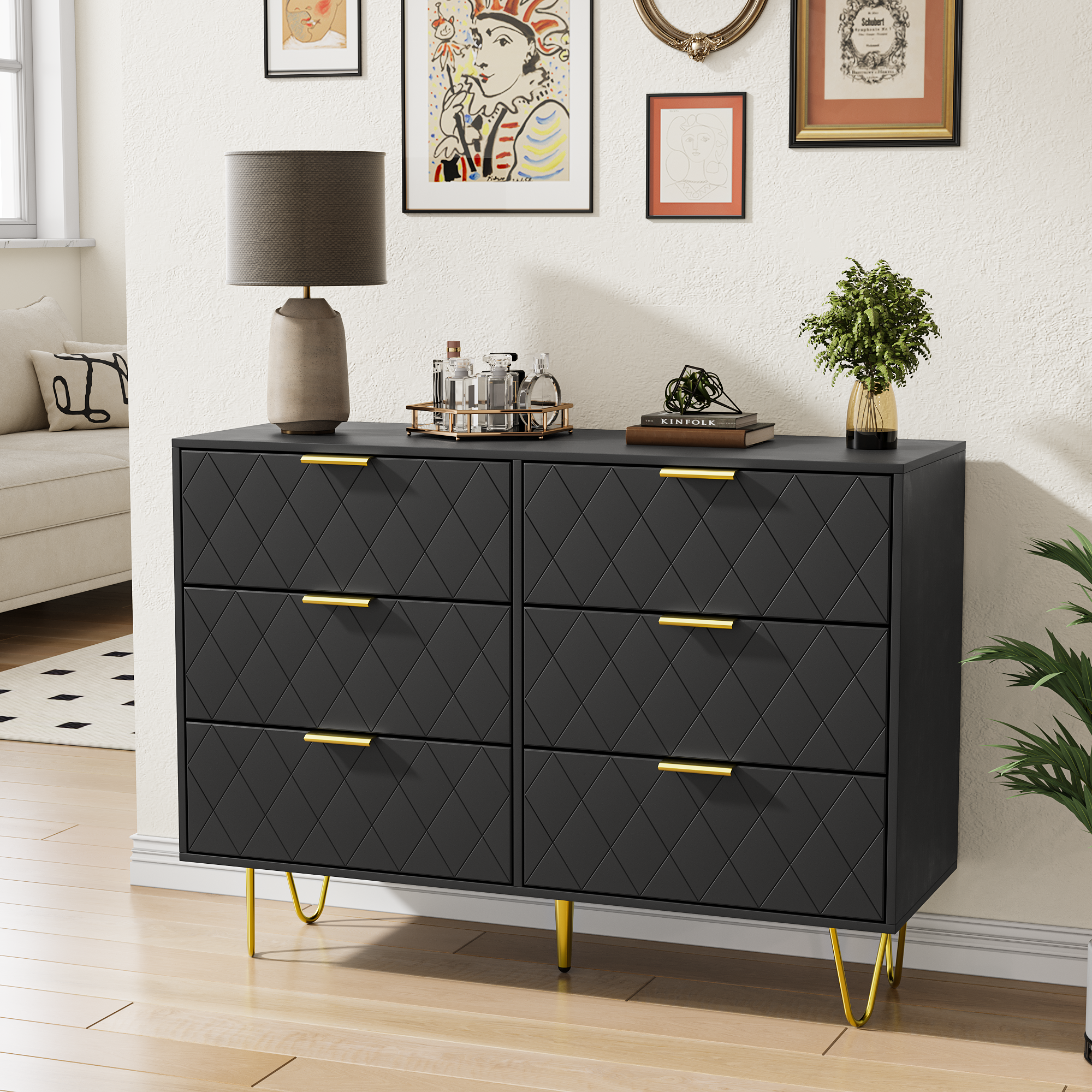 Modern black 6 Drawers for Bedroom, Small Size Modern 6 Drawer Dresser, Wide Chest of Drawers with Gold Handles, Wood Double Dresser Storage Cabinet for Living Room, Bedroom, Hallway