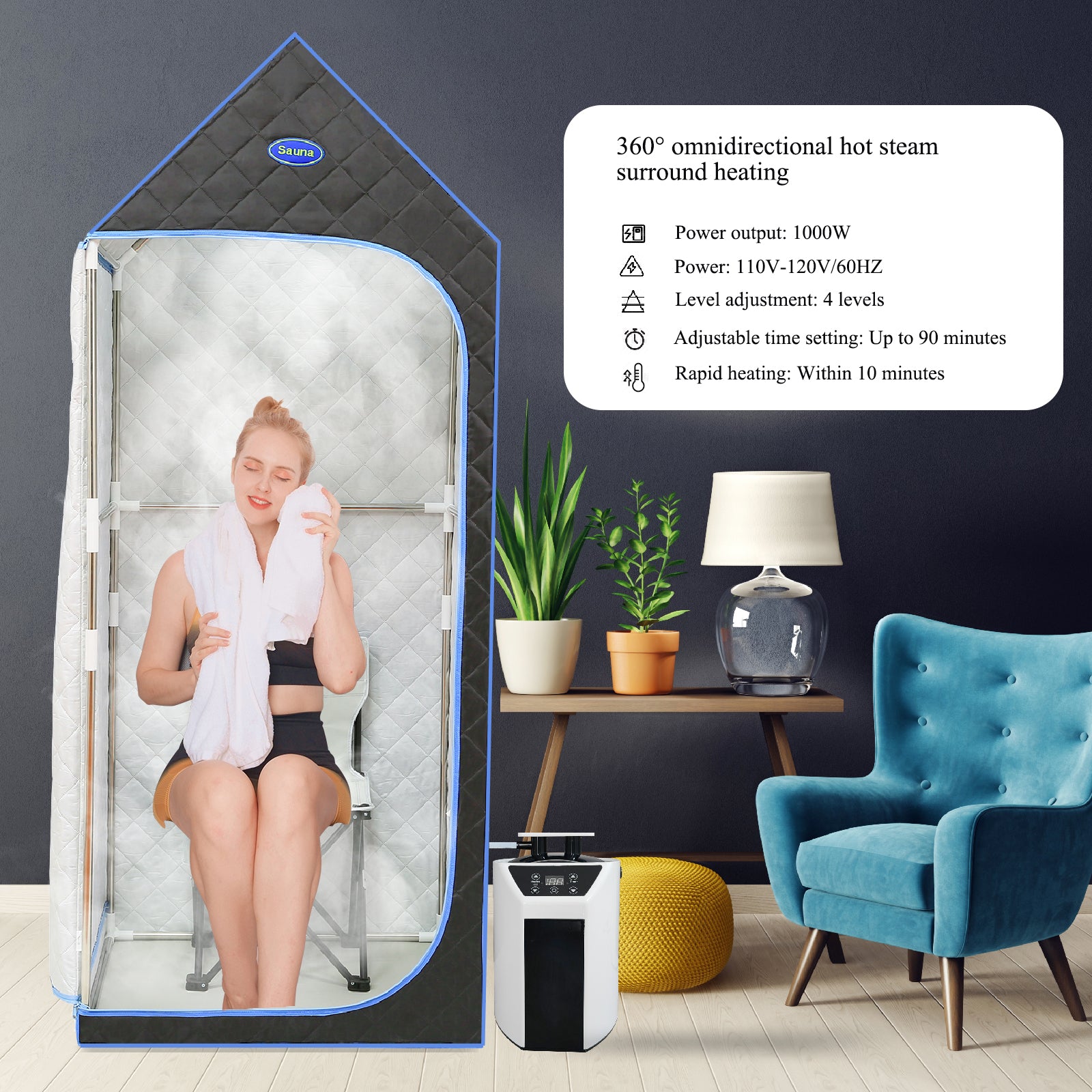 Portable Gothic Roof Plus Type Full Size Steam Sauna tent. Spa, Detox ,Therapy and Relaxation at home. Larger Space, Stainless Steel Pipes Connector Easy to Install. FCC Certification--Black