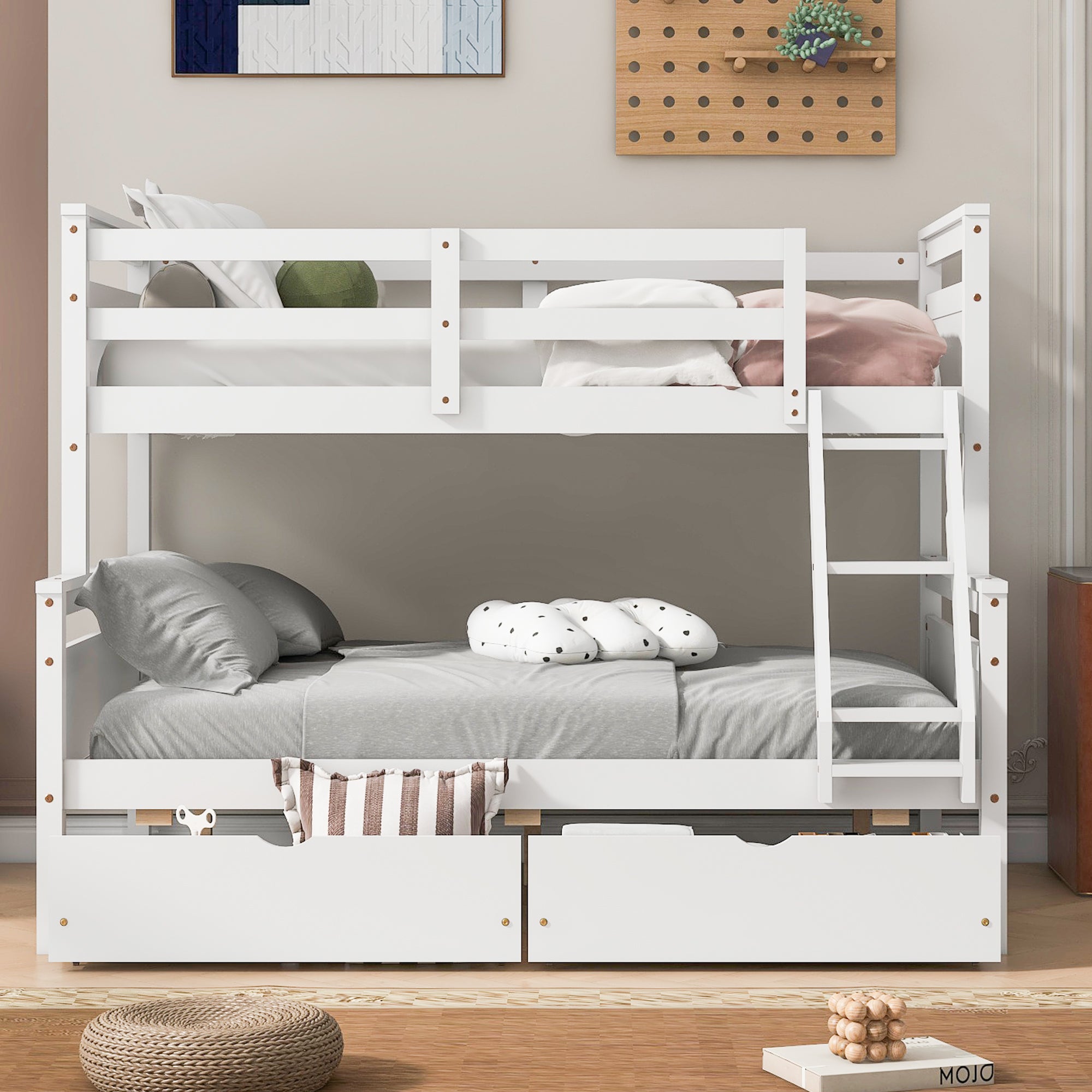 White twin over full bunk bed, side view of upper bunk guardrail