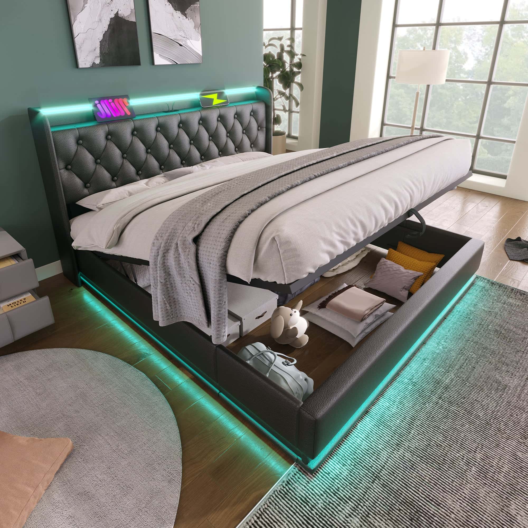 Queen size Upholstered bed, 360 surround LED function, Buttons/Apps/Remote Control, hydraulic storage bed with USB Type-C charging, Black,PU (Without mattress)