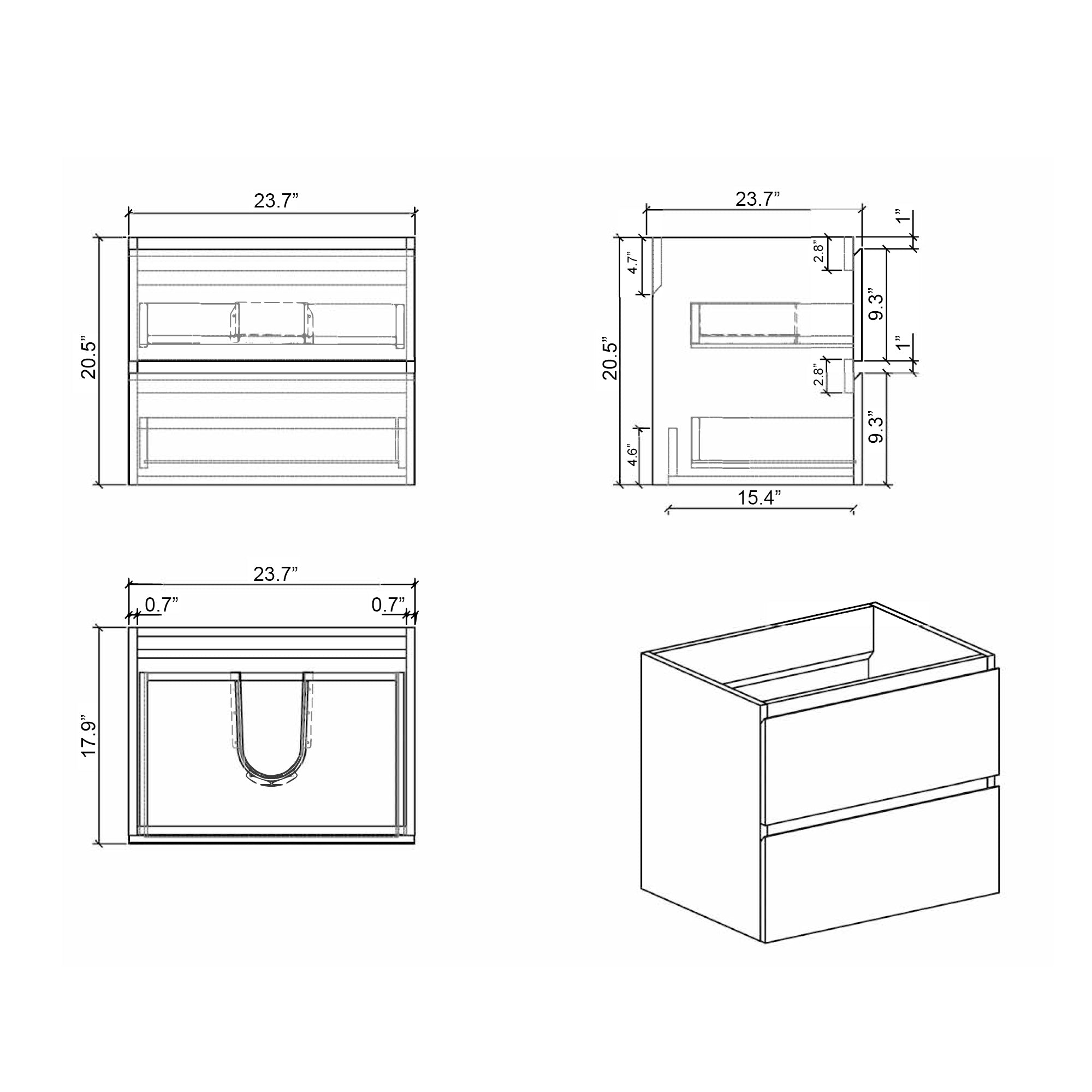 Alice-24W-201,Wall mount bathroom vanity WITHOUT basin, white color, with two drawer, Pre-assembled