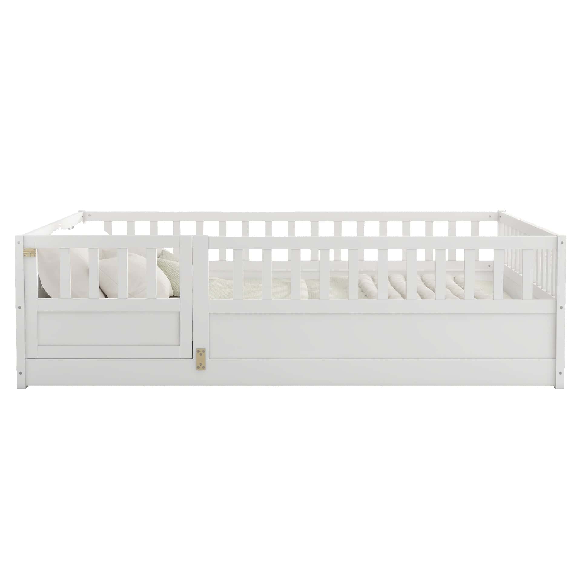 Full size Floor bed, integral construction with super high security barrier, door, children's floor bed frame, Montessori wooden children's floor bed, white