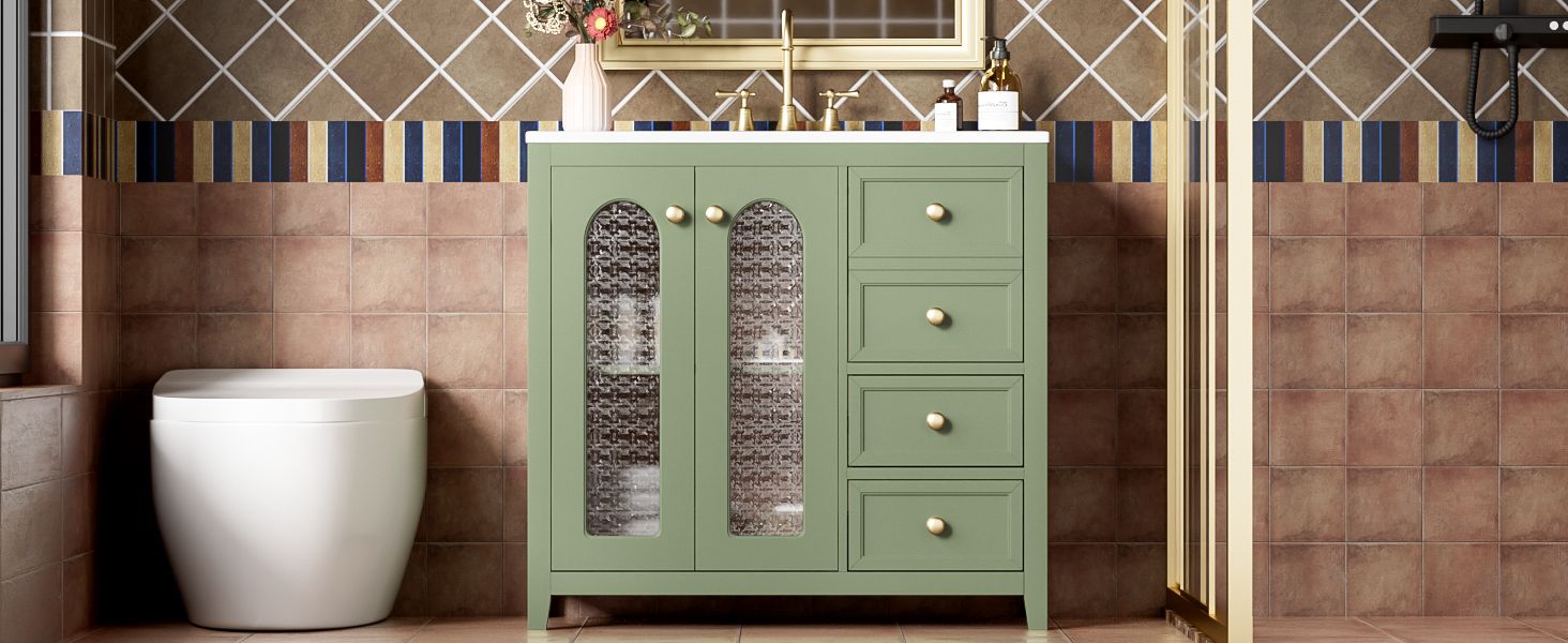 36-inch bathroom vanity with two soft close doors, adjustable shelves and three drawers