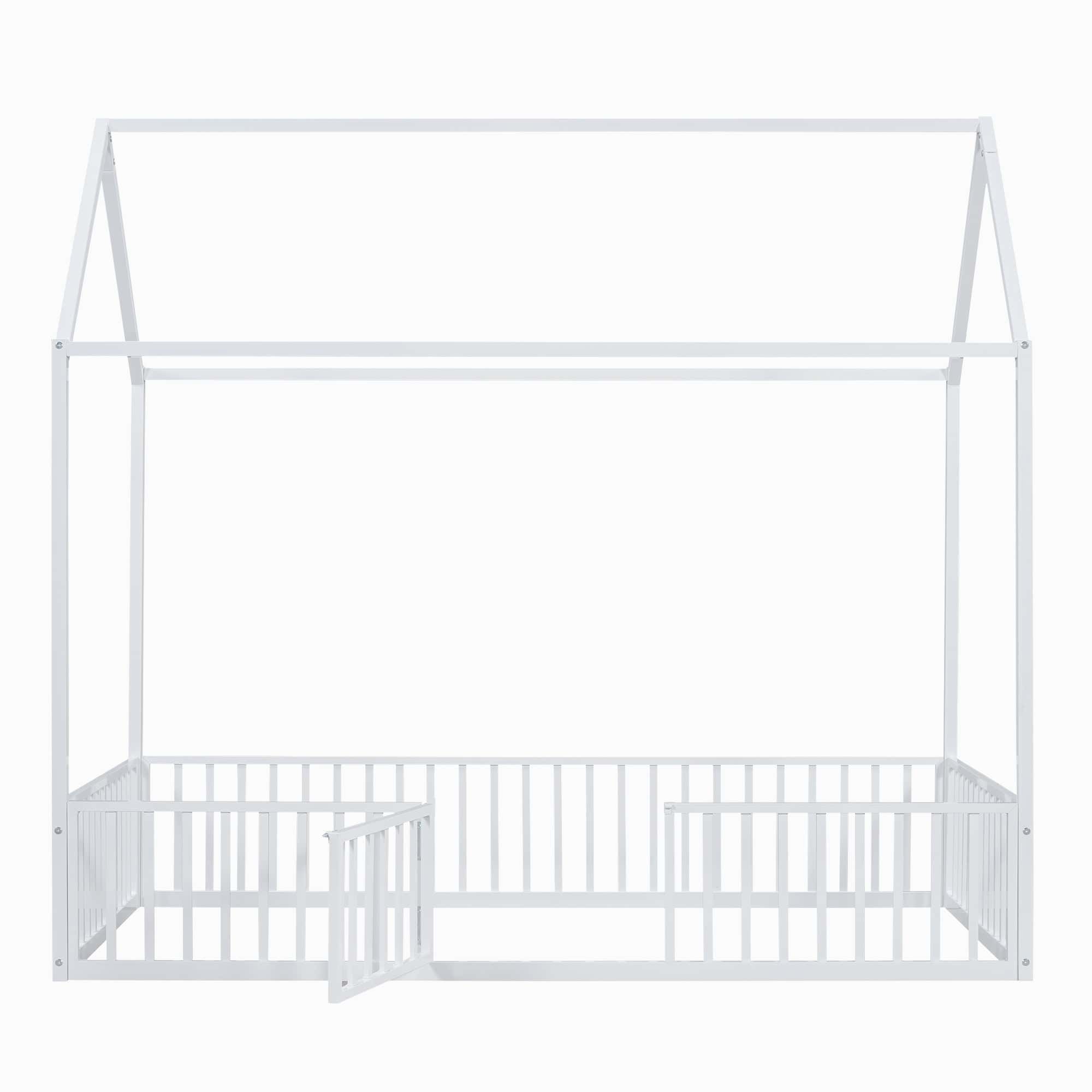 Twin Size Metal House Bed with Fence and Door, White