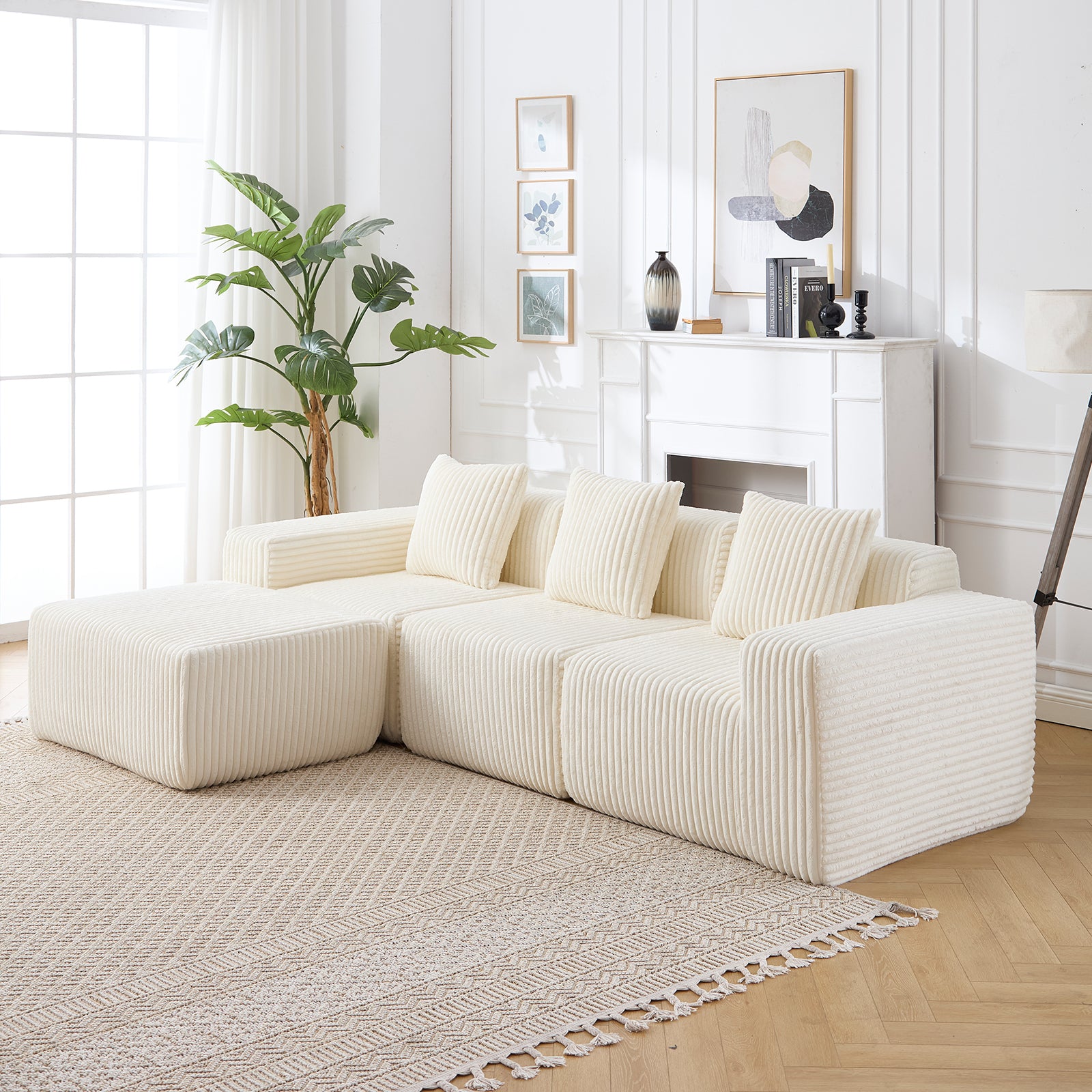 Modern Minimalist Modular Sectional Sofa,  L-Shape Upholstered Cloud Couch with Deep Seats, Right Facing Chaise for Living Room-White