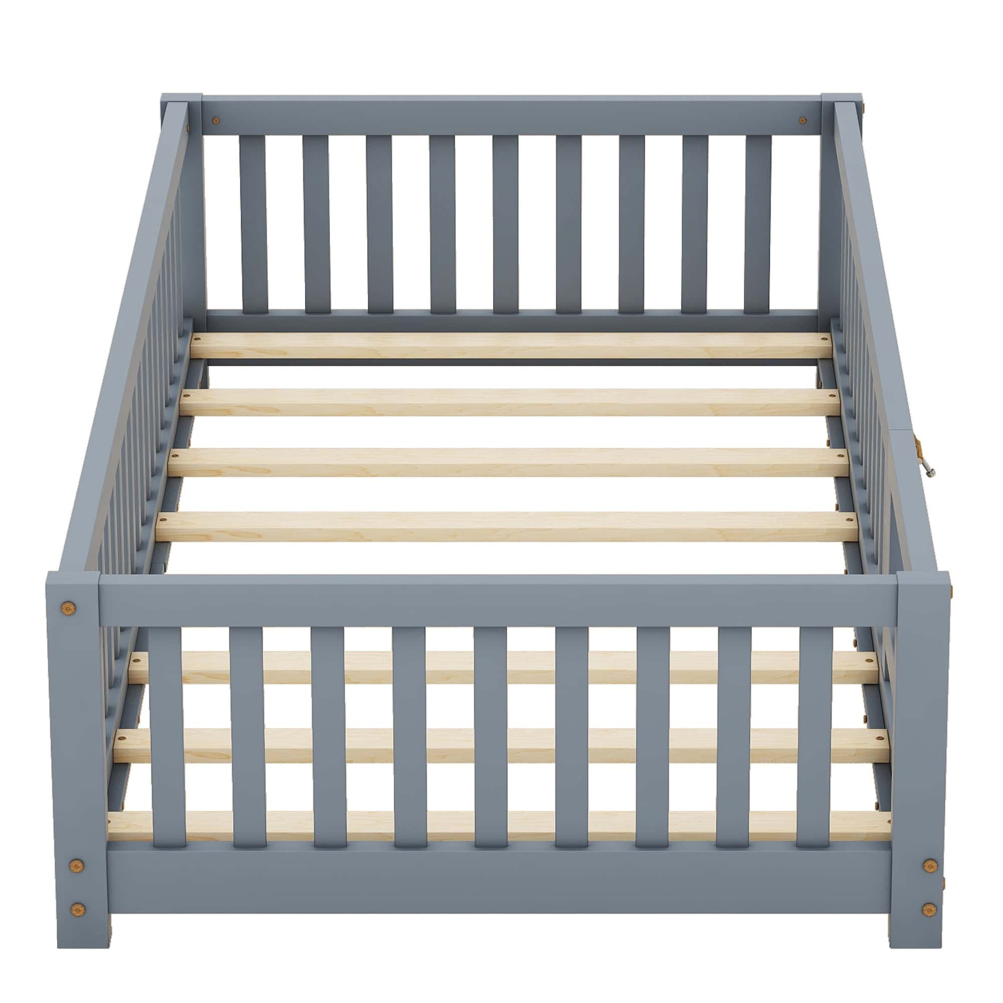 Twin Size Bed Floor Bed with Safety Guardrails and Door for Kids, Gray(Old SKU: W158090685)