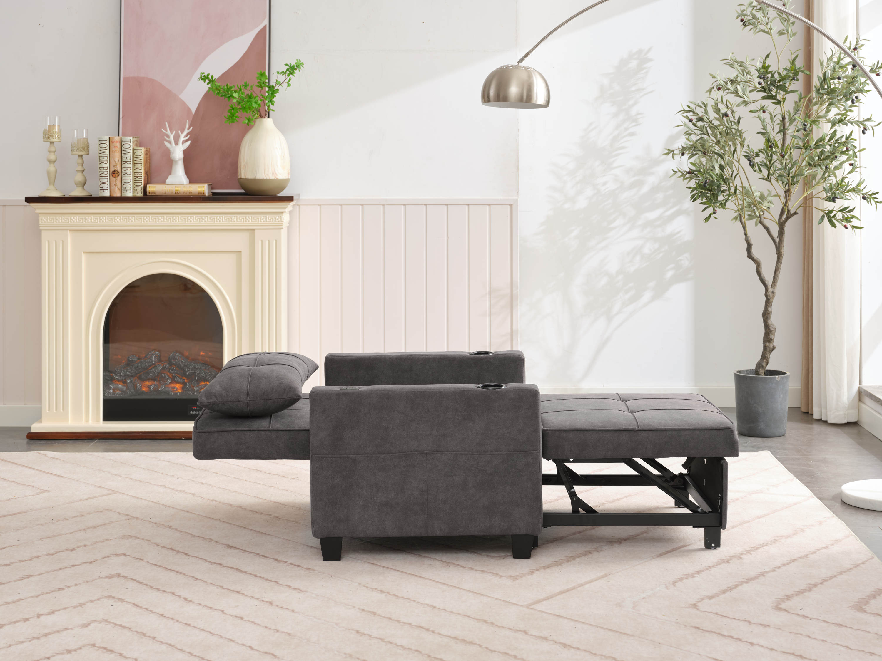 Futon Chair Bed Convertible Chair 3-in-1 Pull Out Sleeper Chair Beds with USB Ports,Wear-resistant and Anti-scratch, Armchair Bed Sleeper for Living Room (Dark Grey Scratch Cloth)