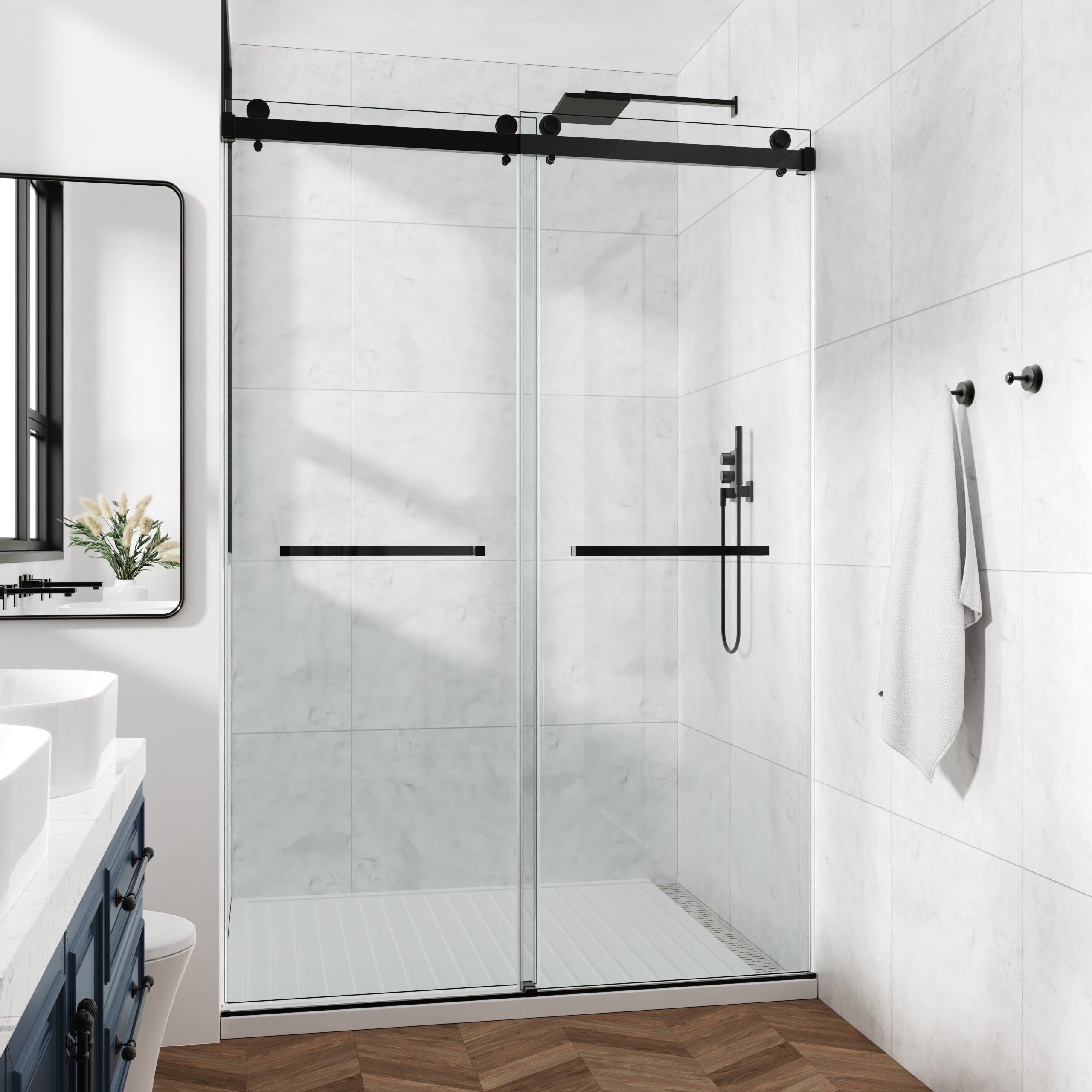54 x 76 in frameless double sliding shower door matte black detail view