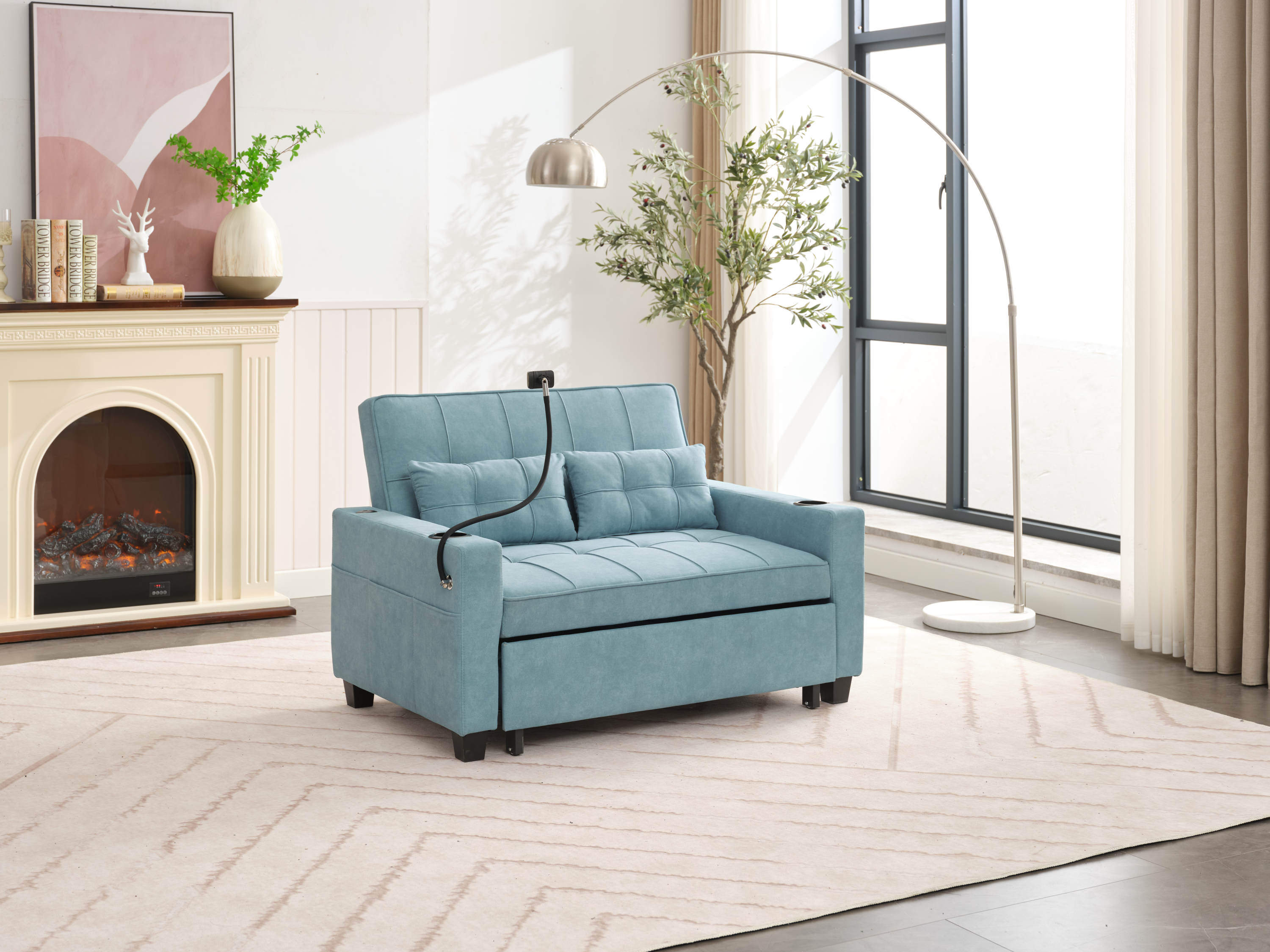 Futon Chair Bed Convertible Chair 3-in-1 Pull Out Sleeper Chair Beds with USB Ports,Wear-resistant and Anti-scratch, Armchair Bed Sleeper for Living Room (Green Tech cloth)