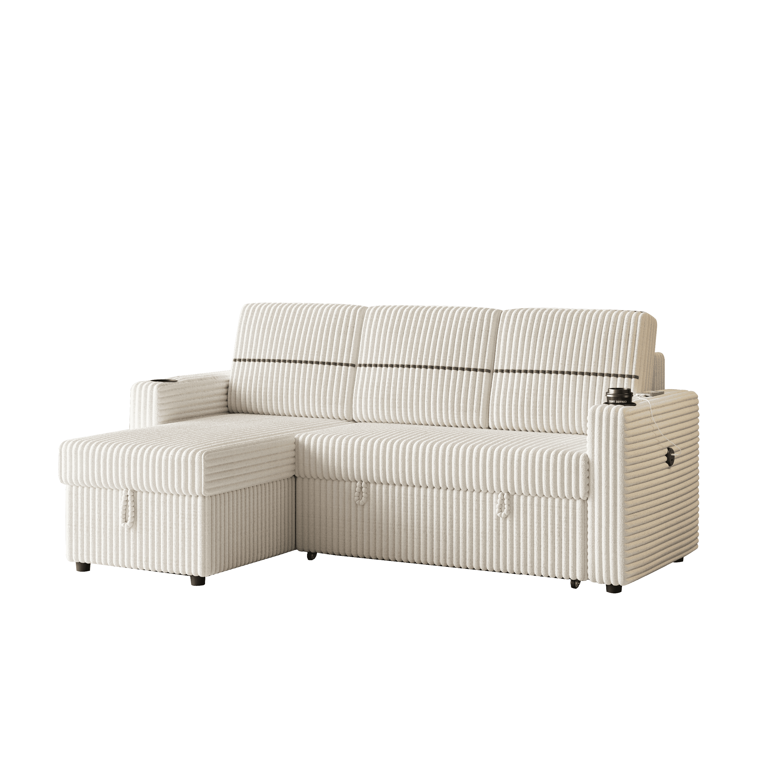 85 Inches Corduroy Sofa Bed, 3 Seater Sleeper Sofa with Storage Chaise, Square Handrail With Two Cup-holder And USB Charge Port, Pull Out Couch for Living Room