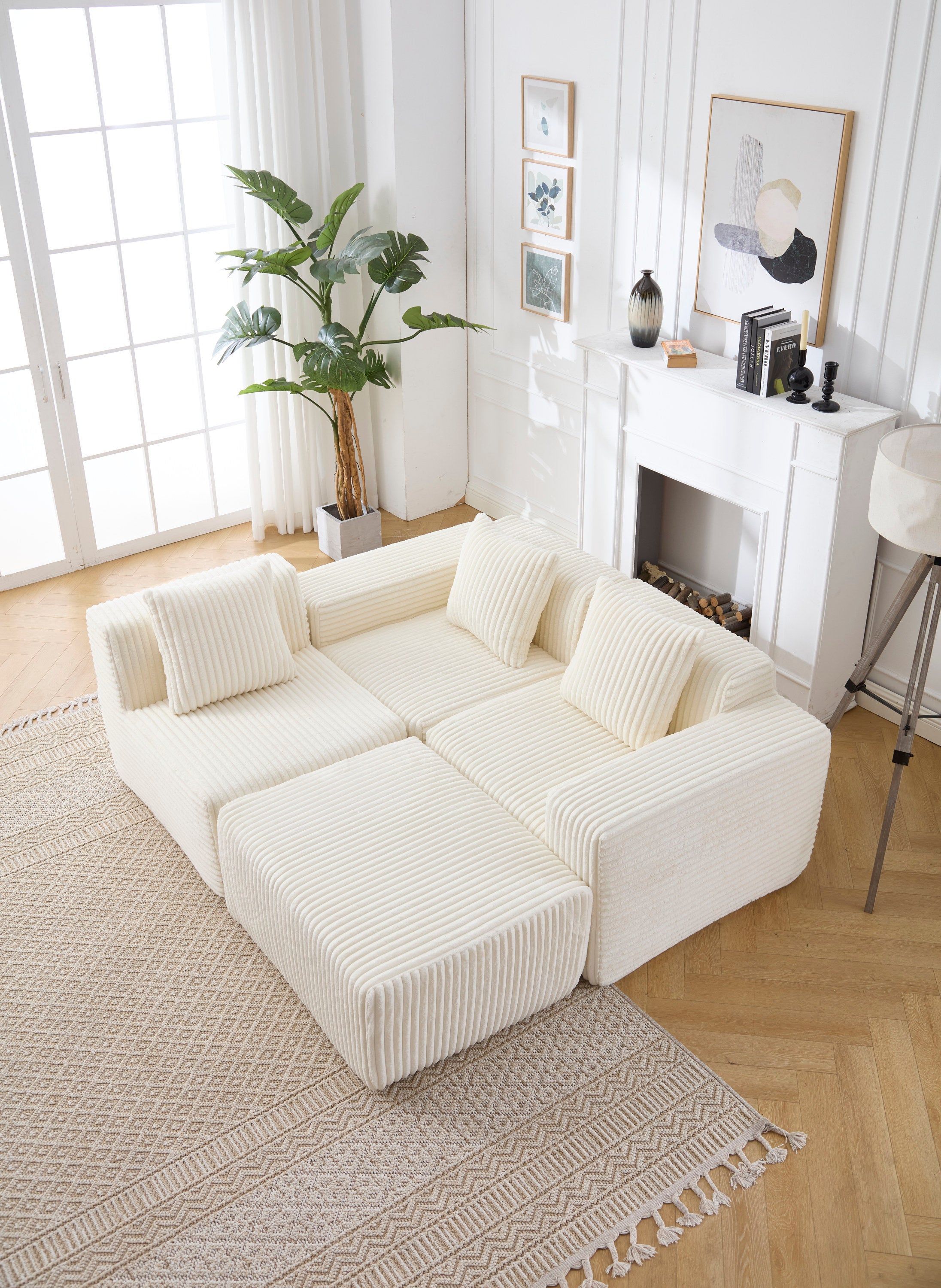 Modern Minimalist Modular Sectional Sofa,  L-Shape Upholstered Cloud Couch with Deep Seats, Right Facing Chaise for Living Room-White
