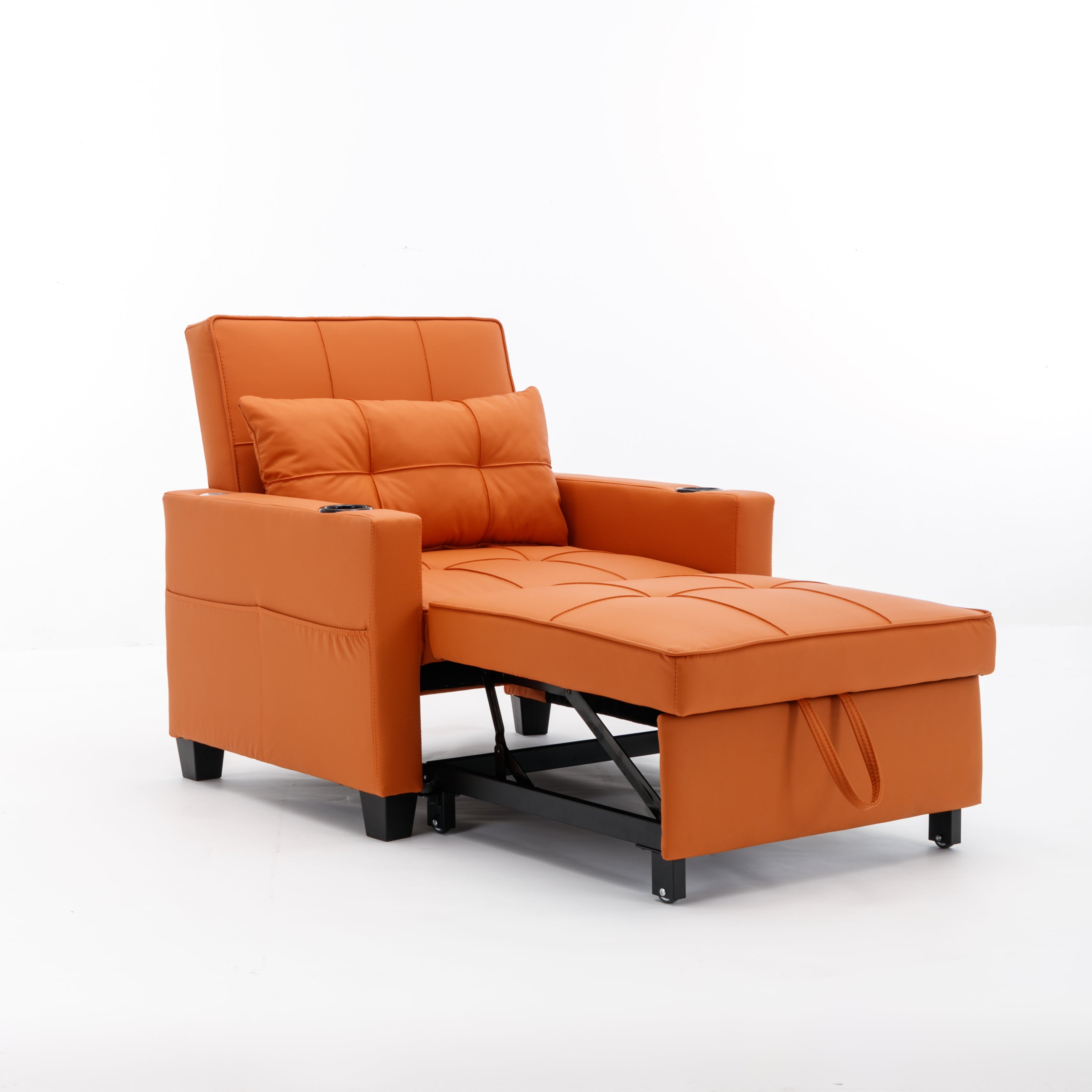 Futon Chair Bed Convertible Chair 3-in-1 Pull Out Sleeper Chair Beds with USB Ports,Wear-resistant and Anti-scratch, Armchair Bed Sleeper for Living Room (Orange Leather)