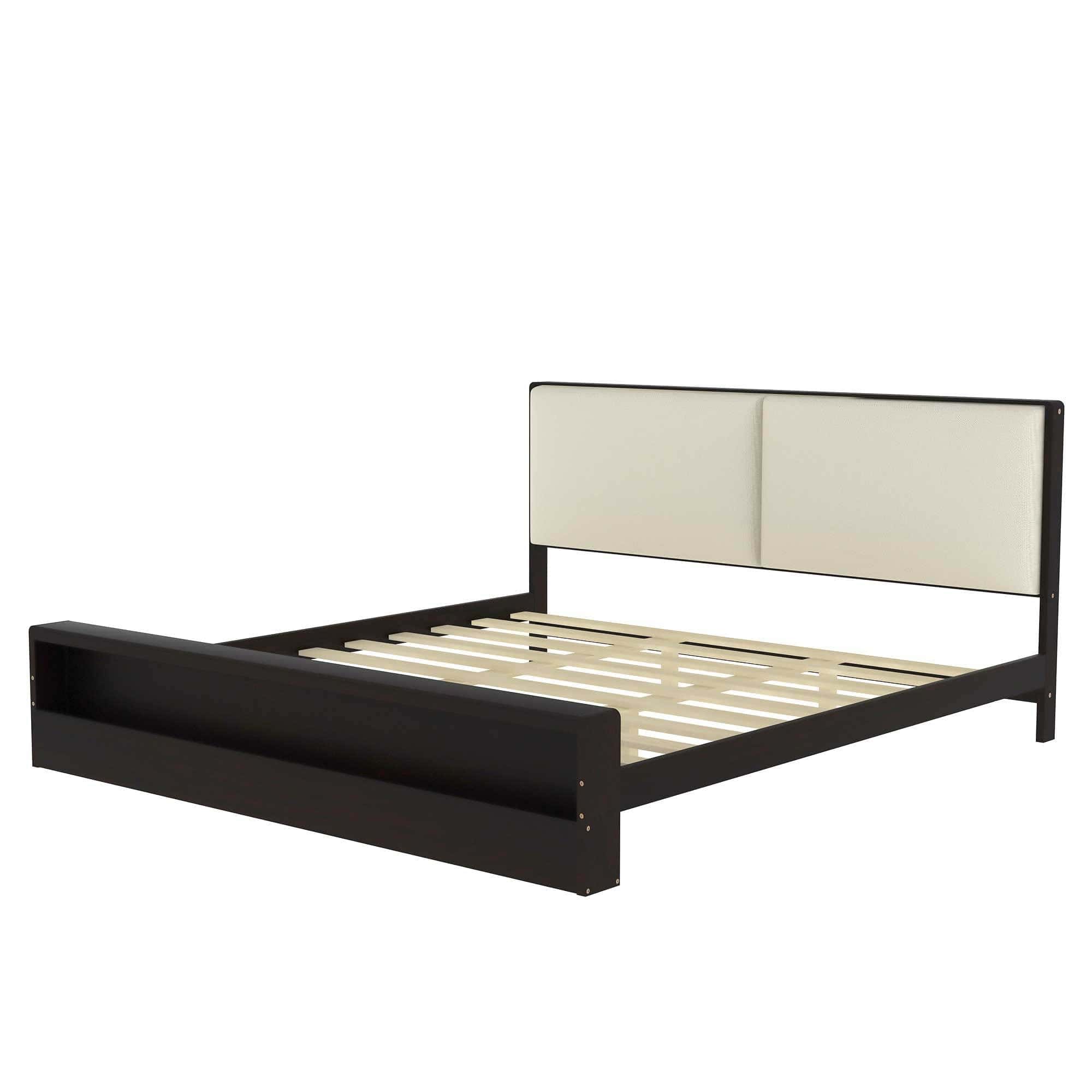 King Size Platform Bed Frame with Upholstery Headboard and Bookshelf in Footboard and LED Light Strips, Espresso