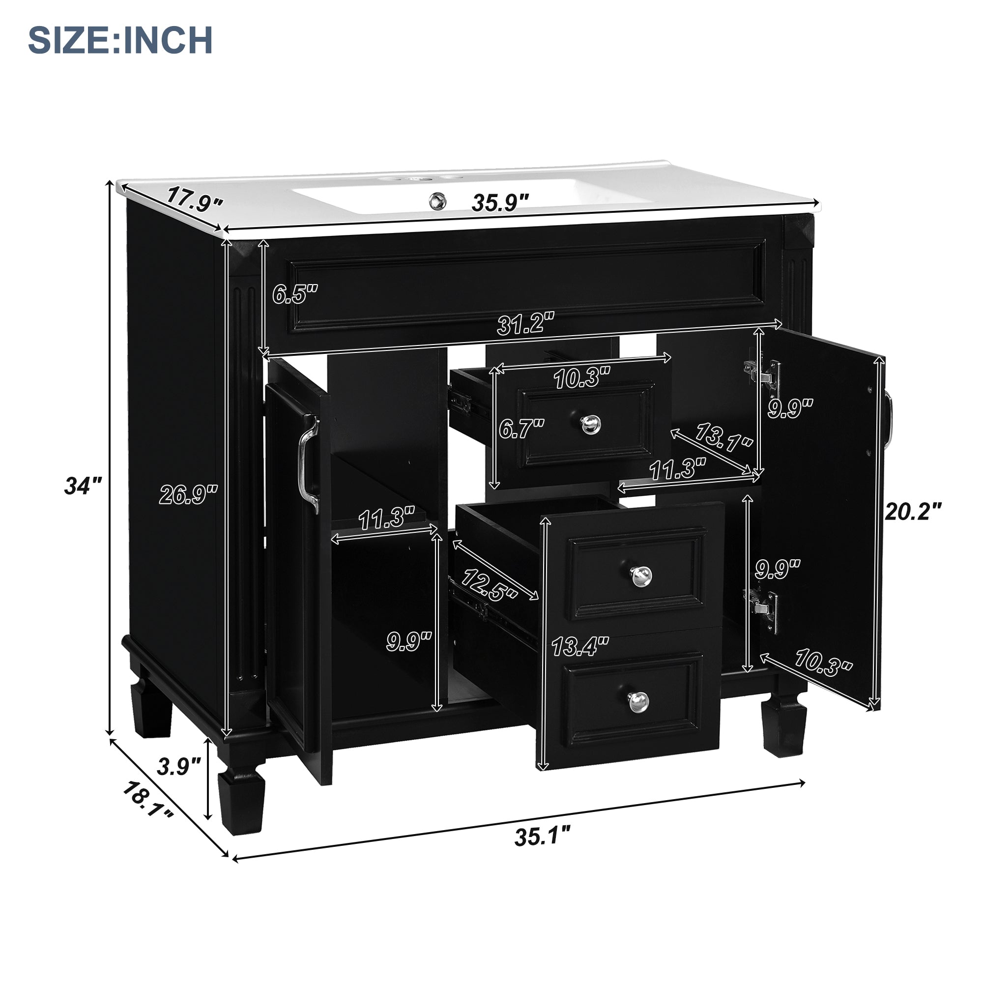 36 in. modern bathroom storage vanity in styled bathroom setting