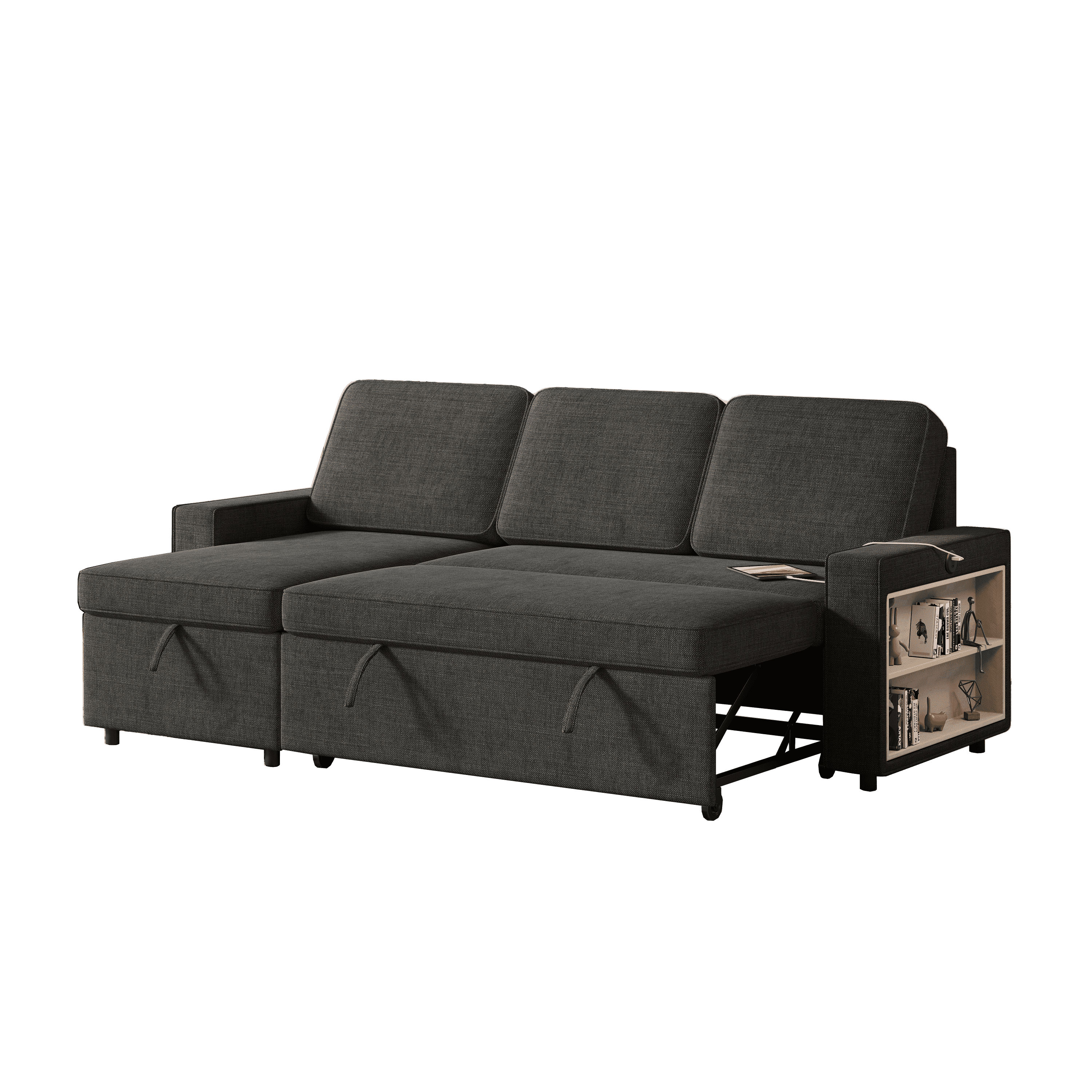 85.8" Pull Out Sleeper Sofa L-Shaped Couch Convertible Sofa Bed with Storage Chaise And Storage Racks,With USB Port And T-pyce Port