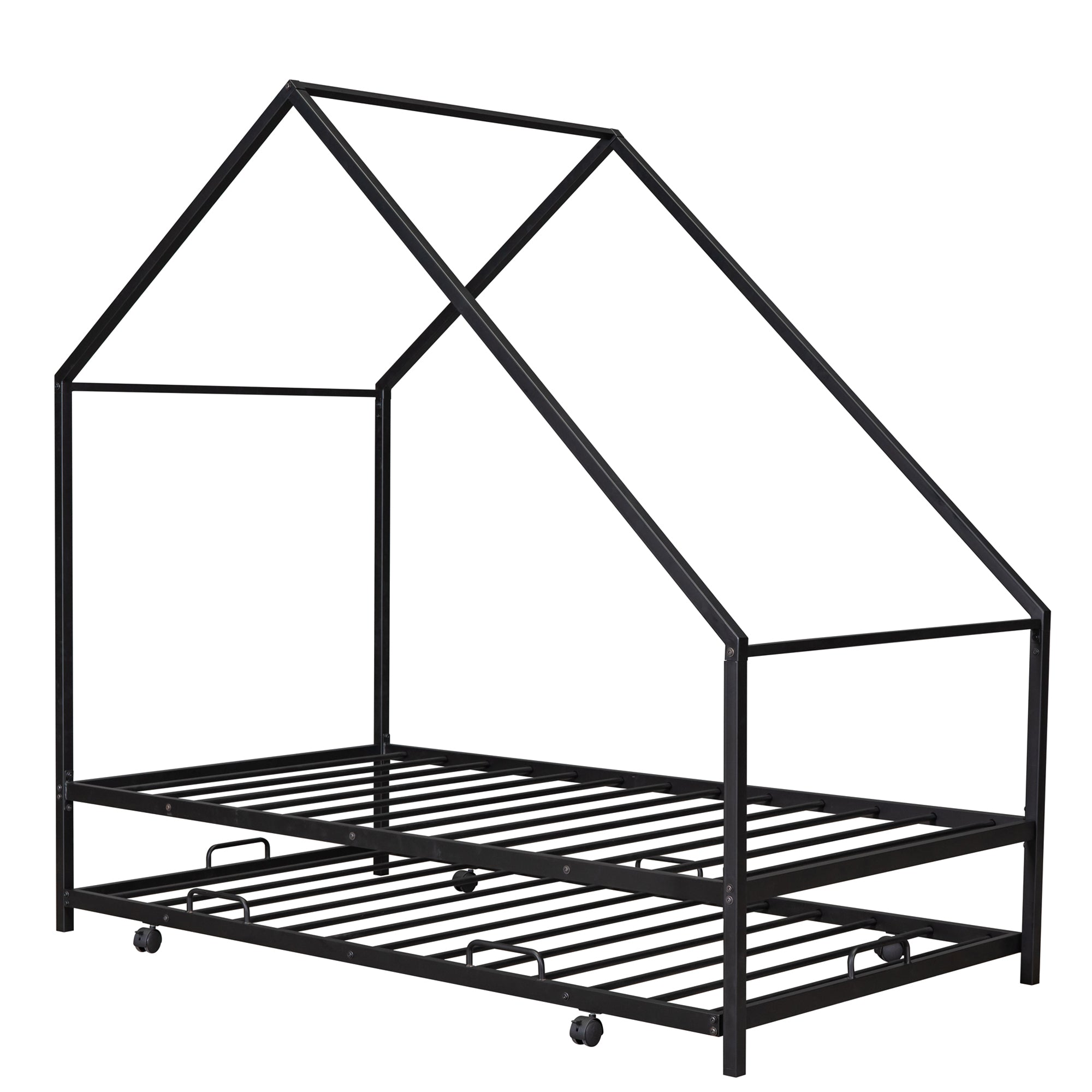 Metal House Bed With Trundle, Twin Size House Bed Black