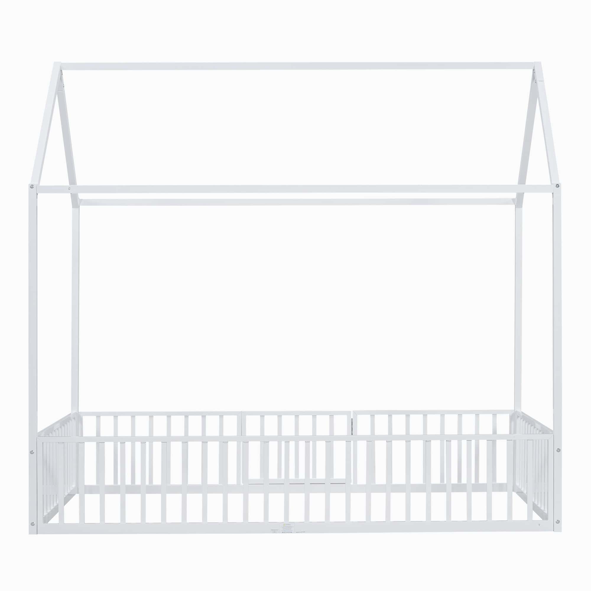 Twin Size Metal House Bed with Fence and Door, White