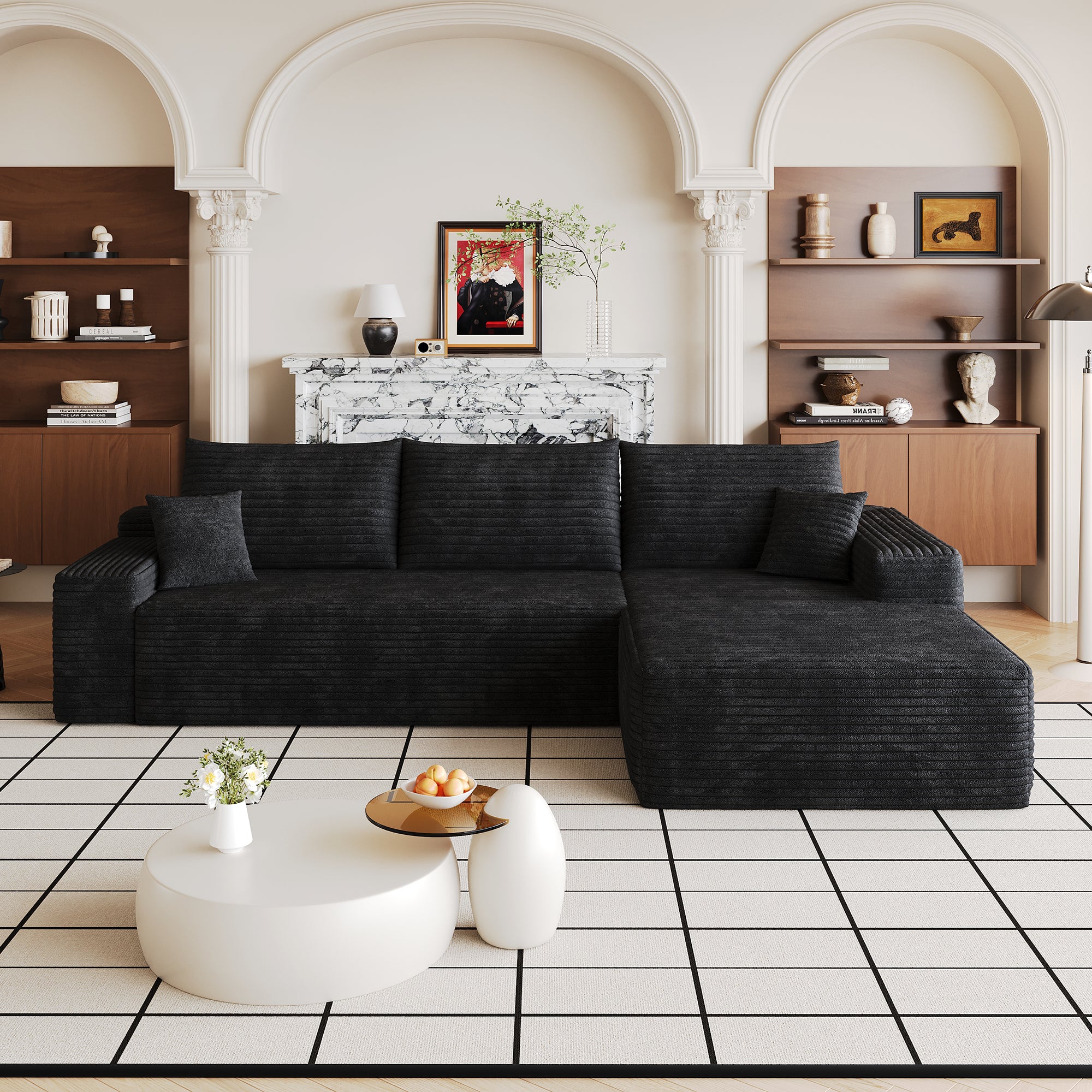 Black corduroy modular sectional sofa, angled view