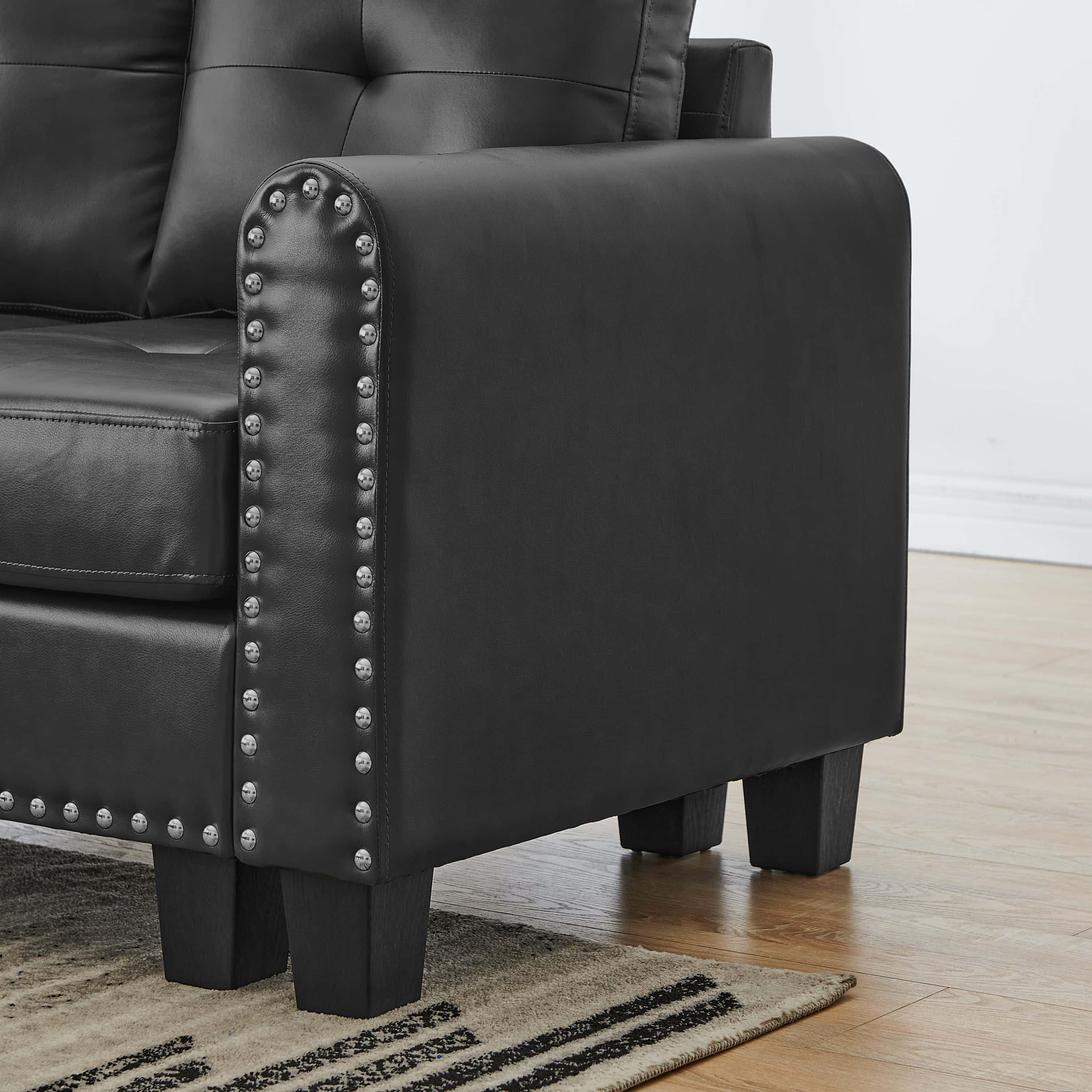 Sectional 3-Seaters Sofa , reversible recliner, Storage pad and wood grain cup holder, Non-slip leg, pu, black