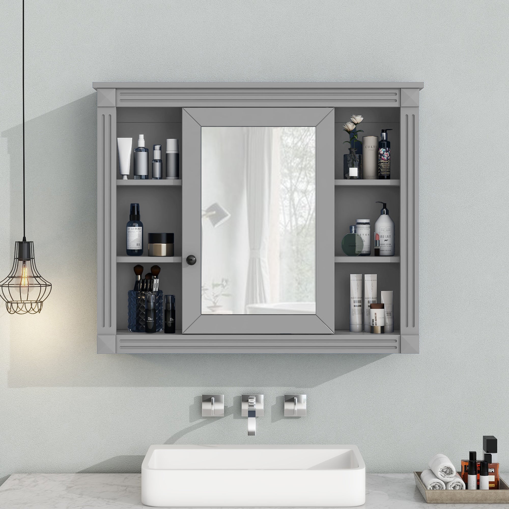 Wall mounted bathroom mirror cabinet 35 x 28 inch modern finish, angled view