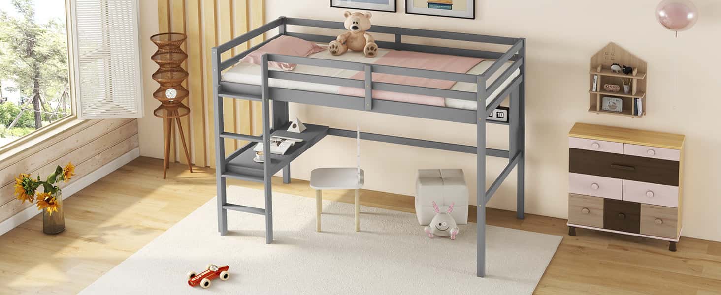 Twin Size Loft Bed with desk and shelves, Safety Guardrail and ladder,Grey