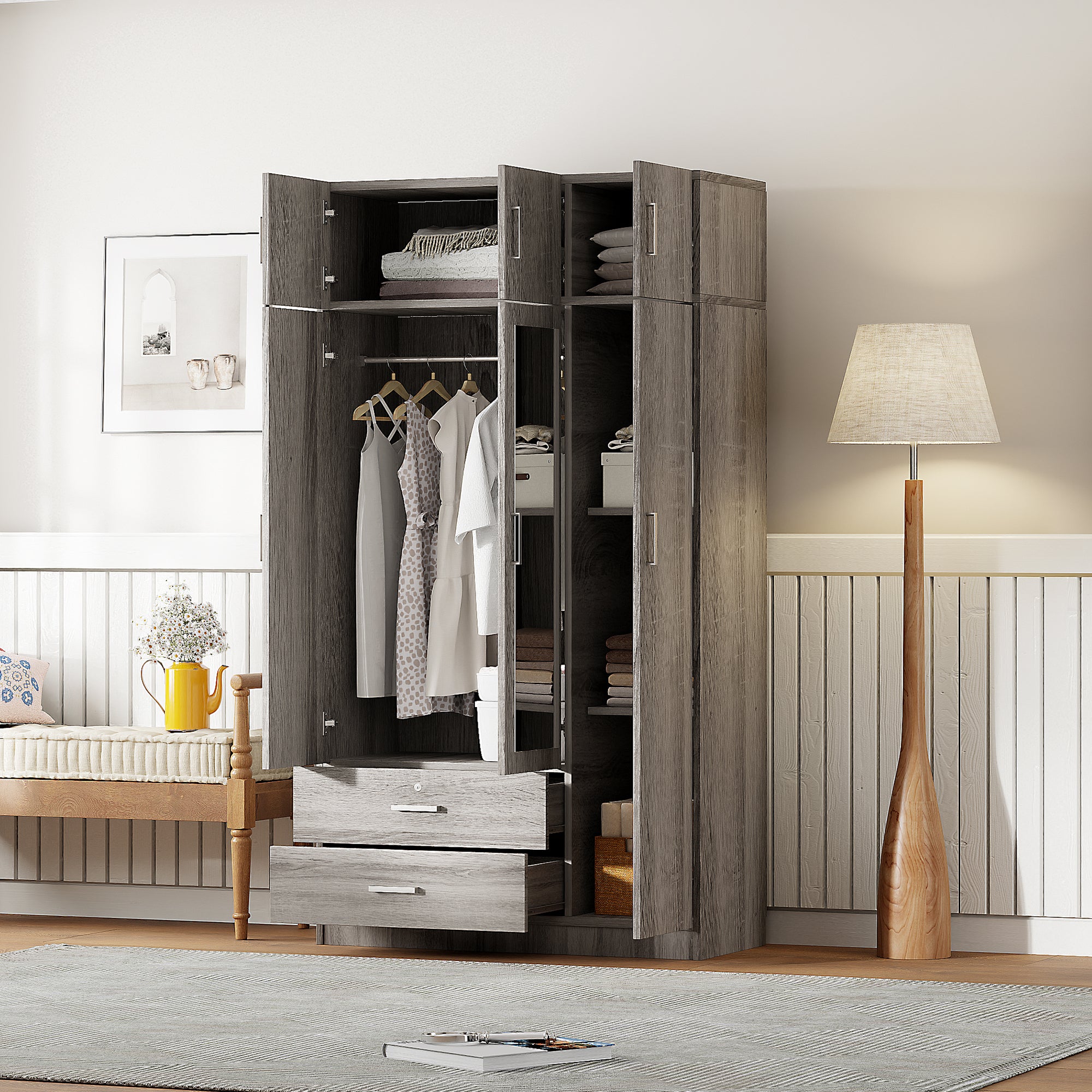 3-Door Mirror Wardrobe with 2 Drawers and Top Cabinet,Gray