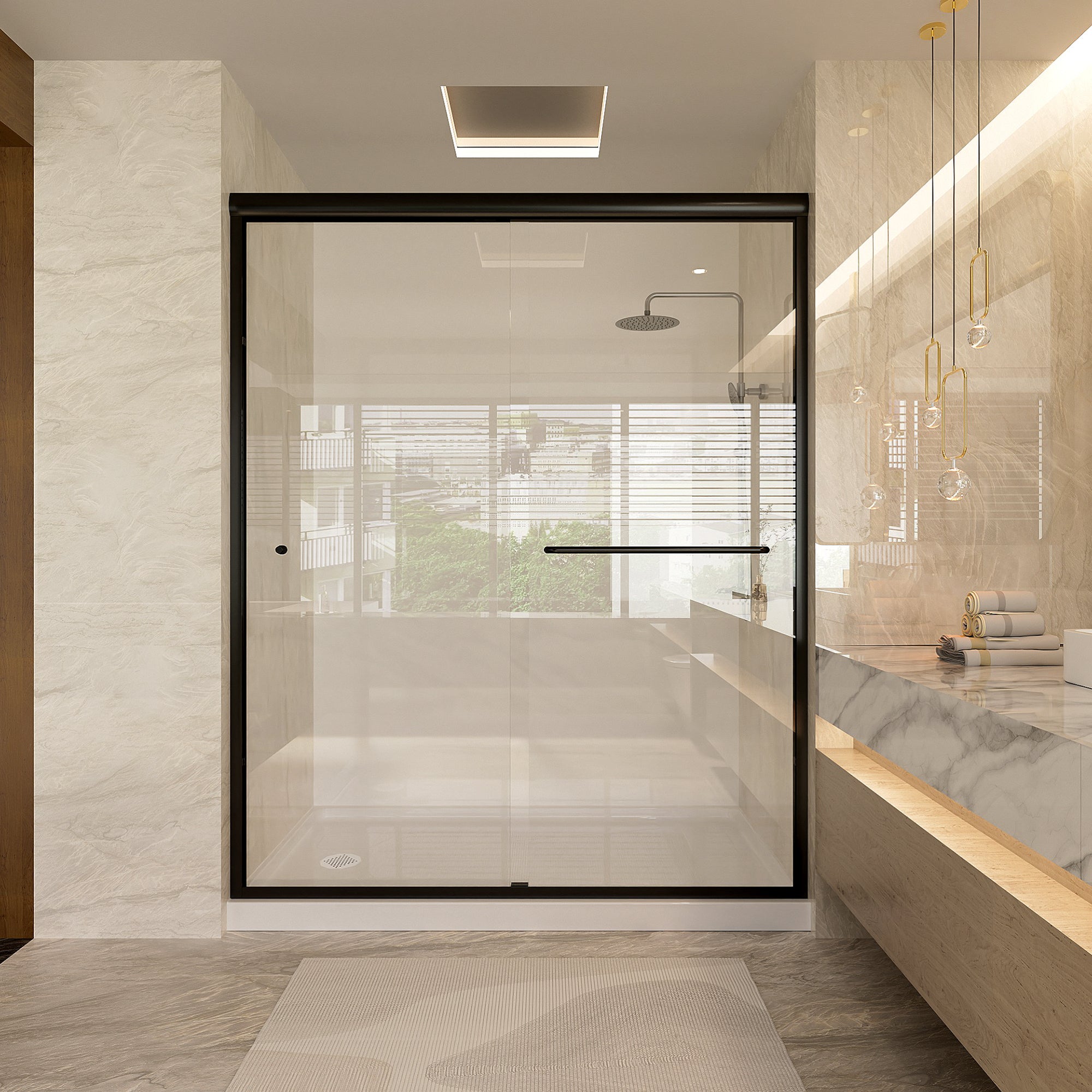 55 to 59 Inches Width × 72 inches Height Double Sliding Semi-Frameless Shower Door With 1/4 inches (6mm) Clear Tempered Glass, Matte Black Finish