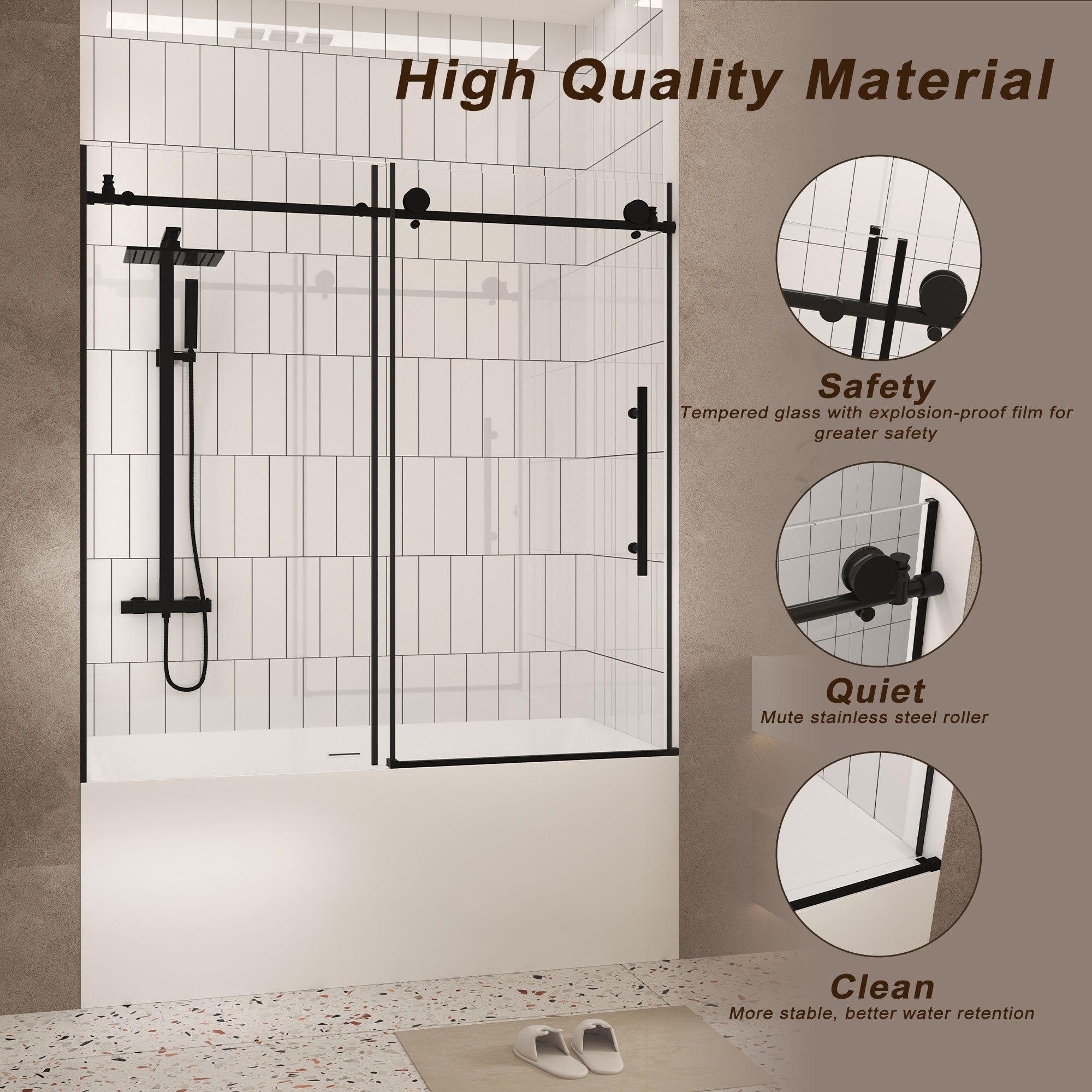 Frameless shower door 56-60 inch matte black glass detail
