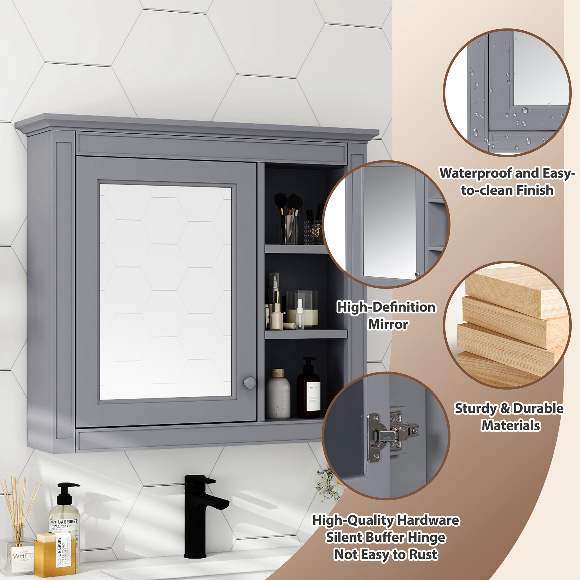 Modern bathroom medicine cabinet with mirror and shelves, room view