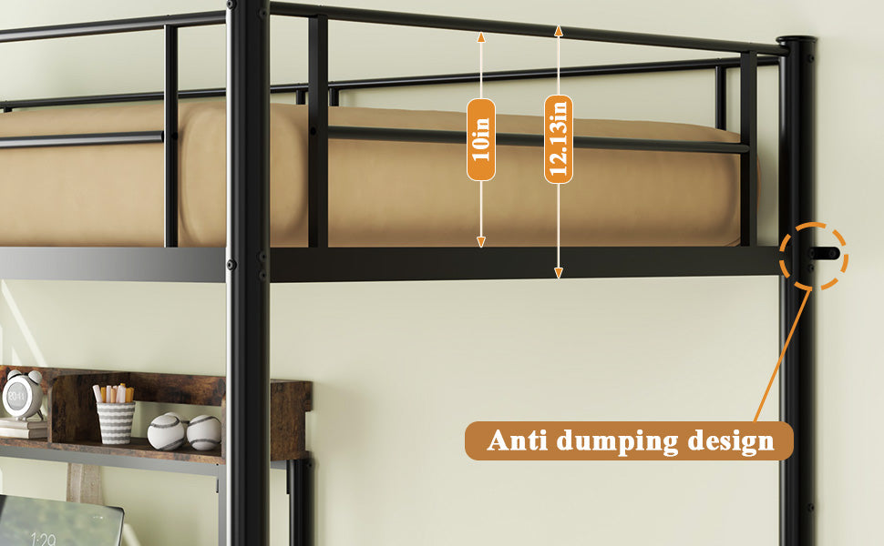 Black metal loft bunk bed desk and shelving detail