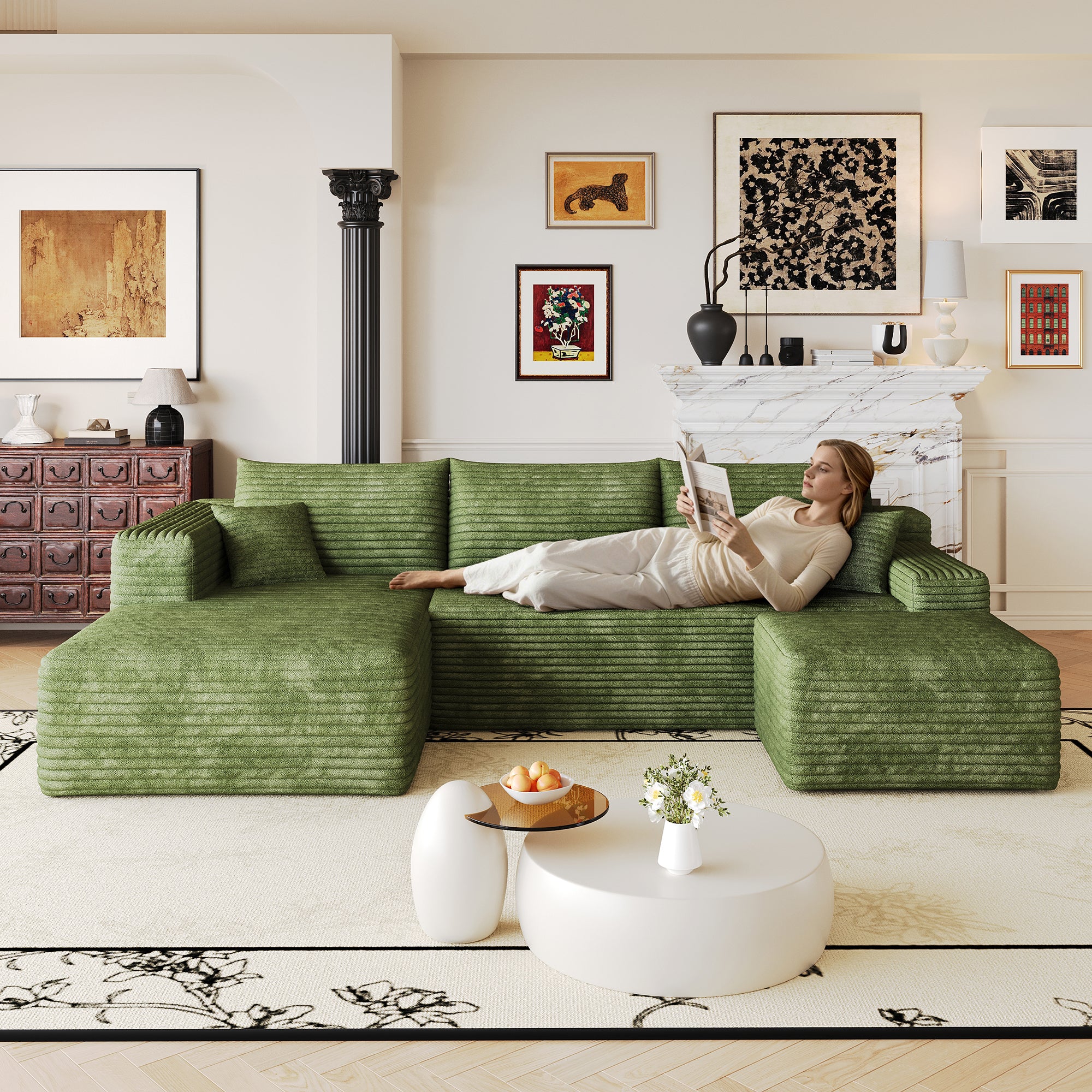 Green corduroy sectional sofa, 103 inch L-shaped, angled view