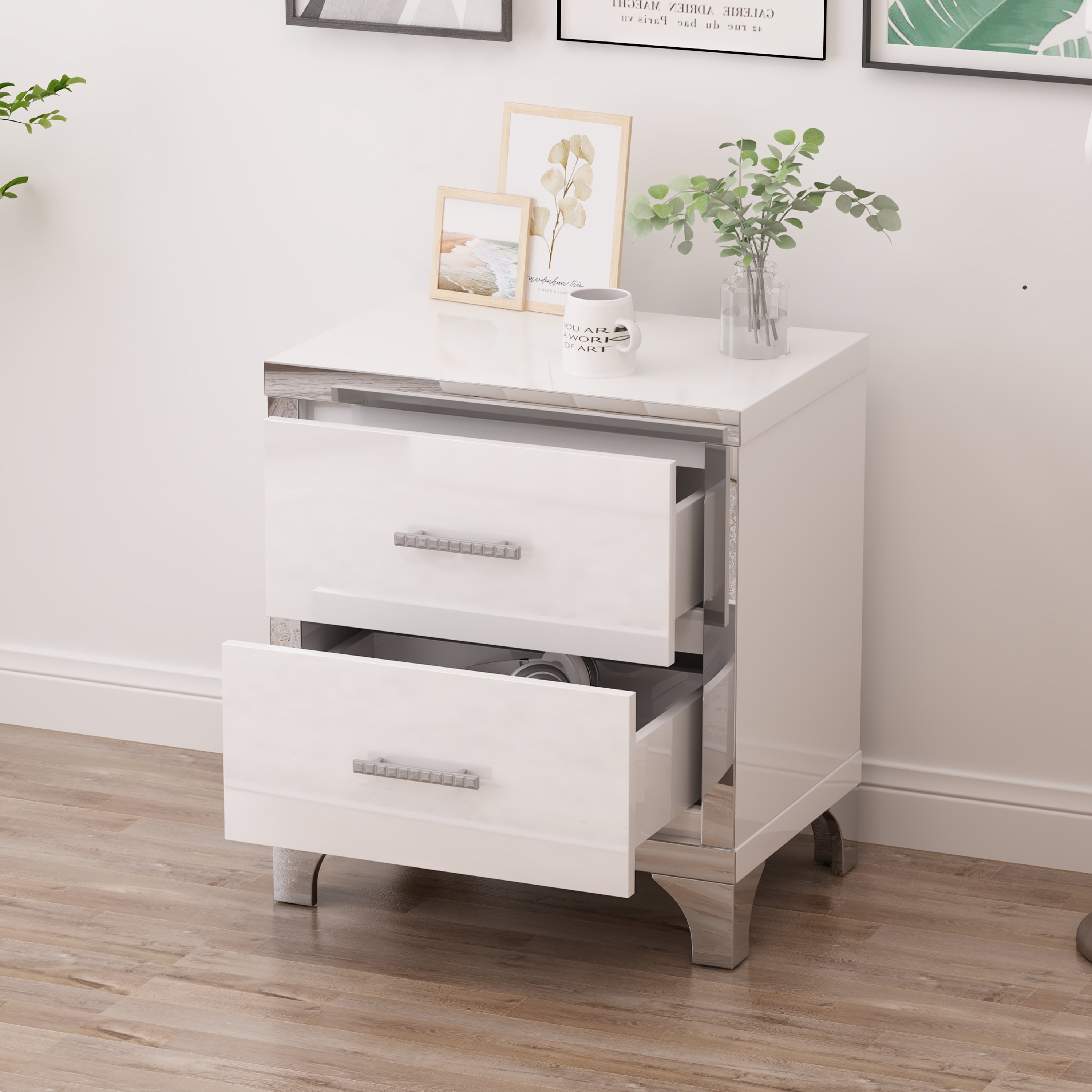 Mirrored white bedside table 2-drawer, angled view