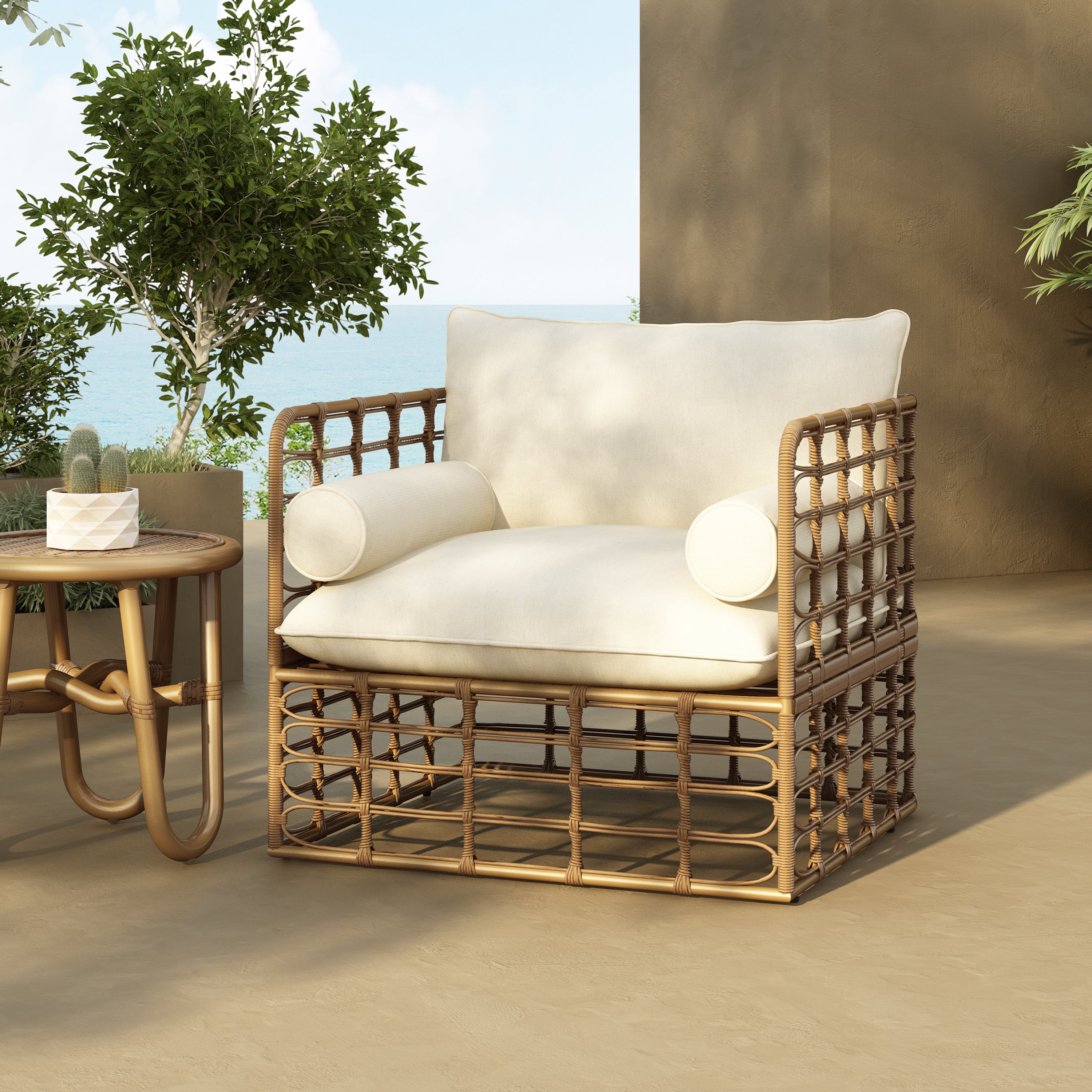 2-Piece Rattan Accent Chair Set with Side Table, Open Weave Boho Design, Perfect for Stylish Seating in Living Room, Sunroom, or Patio Relaxation