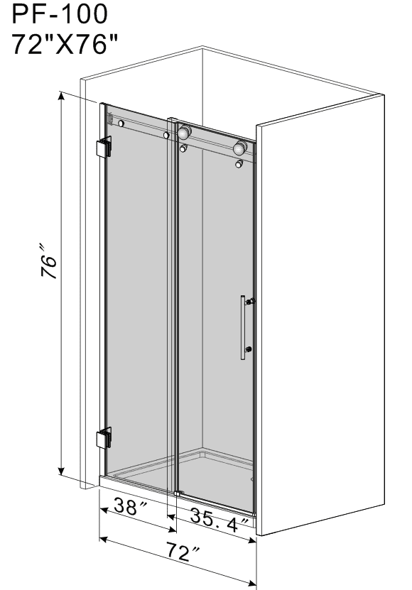 Frameless Sliding Glass Shower Doors 72"W x 76"H with 3/8"(10mm) Clear Tempered Glass, Brushed Nickel Finish